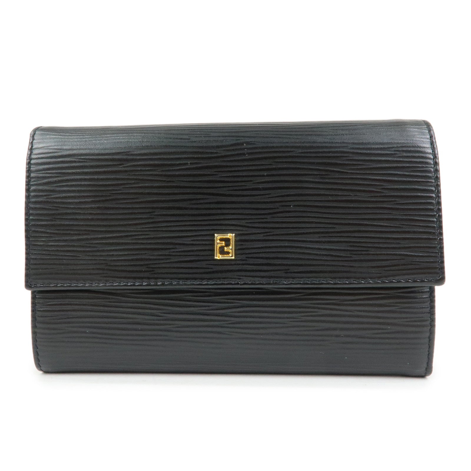 FENDI Embossed Leather Long Flap Wallet Black 30858