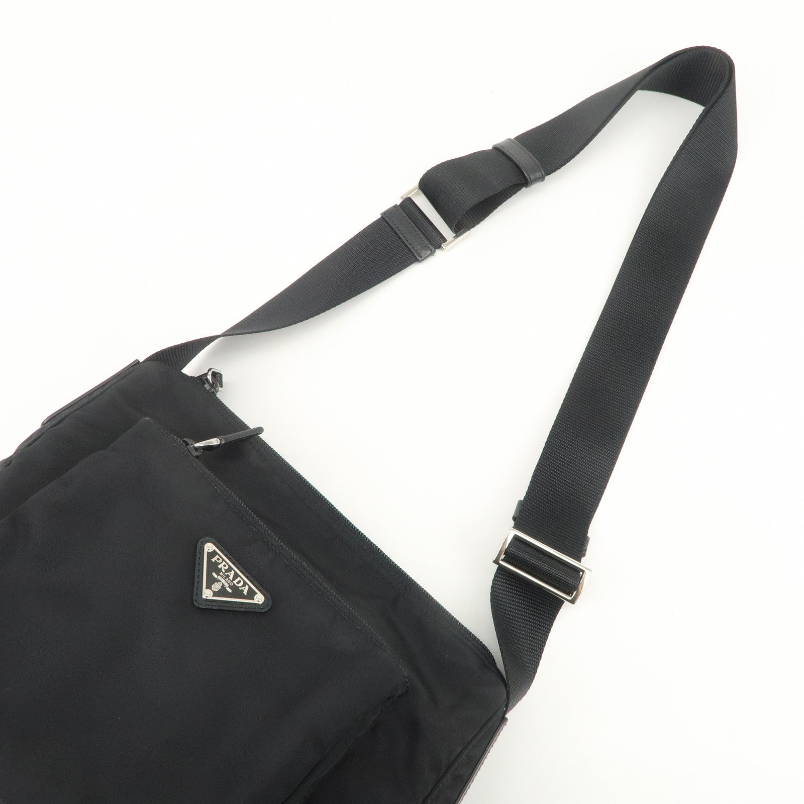 PRADA Triangle Logo Nylon Saffiano Leather Shoulder Bag Black