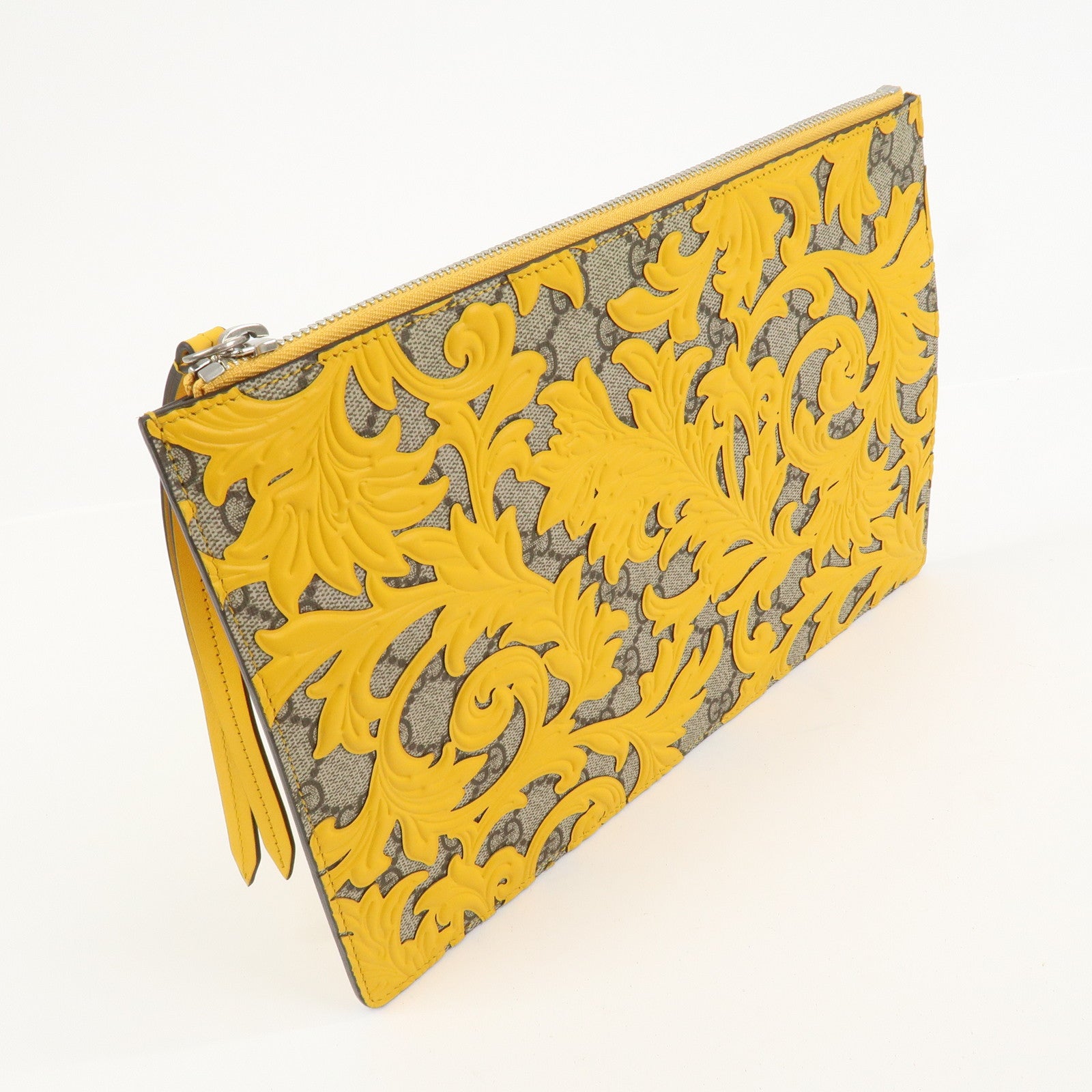 GUCCI GG Supreme Arabesque Leather Clutch Bag Beige Yellow 410810