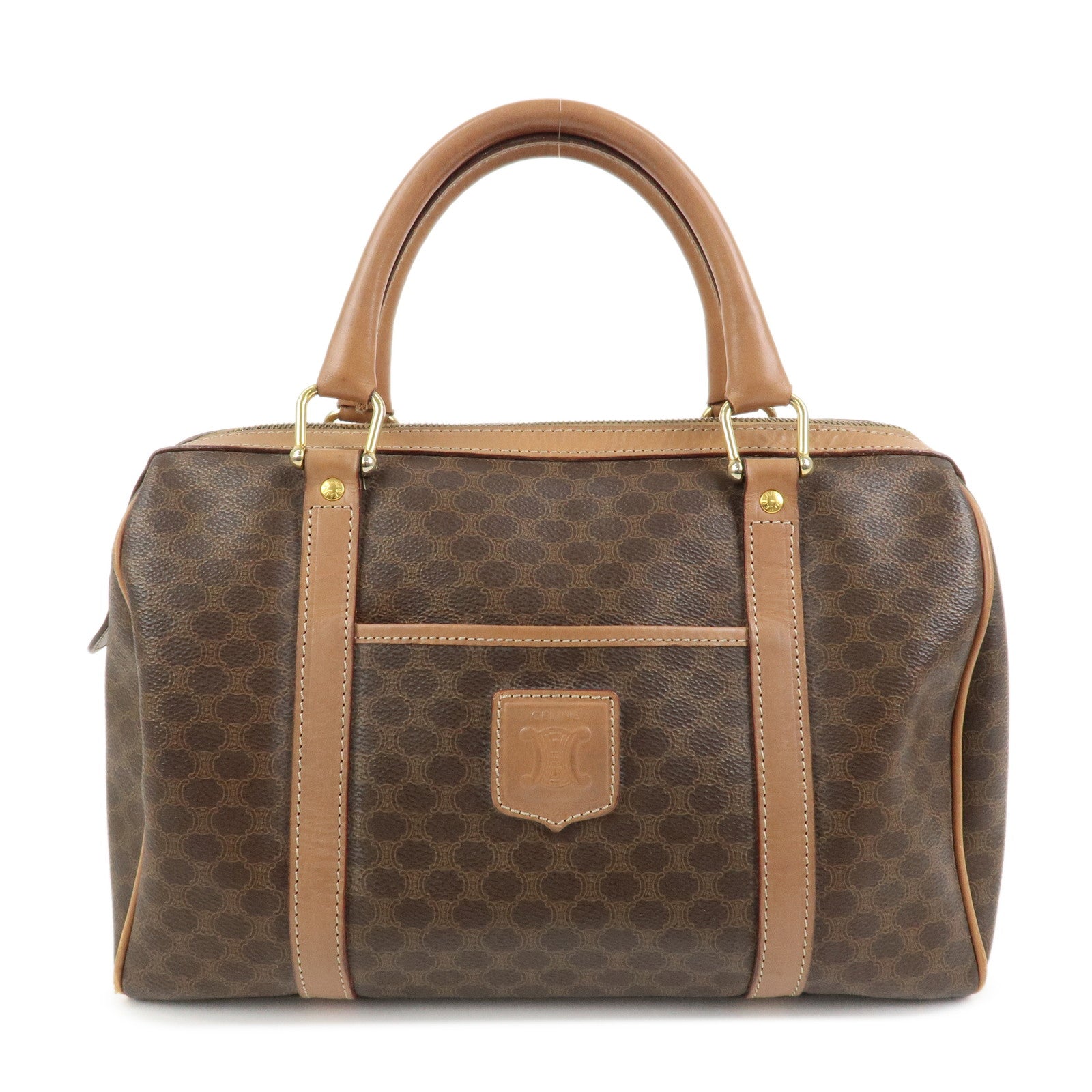 CELINE Macadam Logo PVC Leather Boston Bag Hand Bag Brown