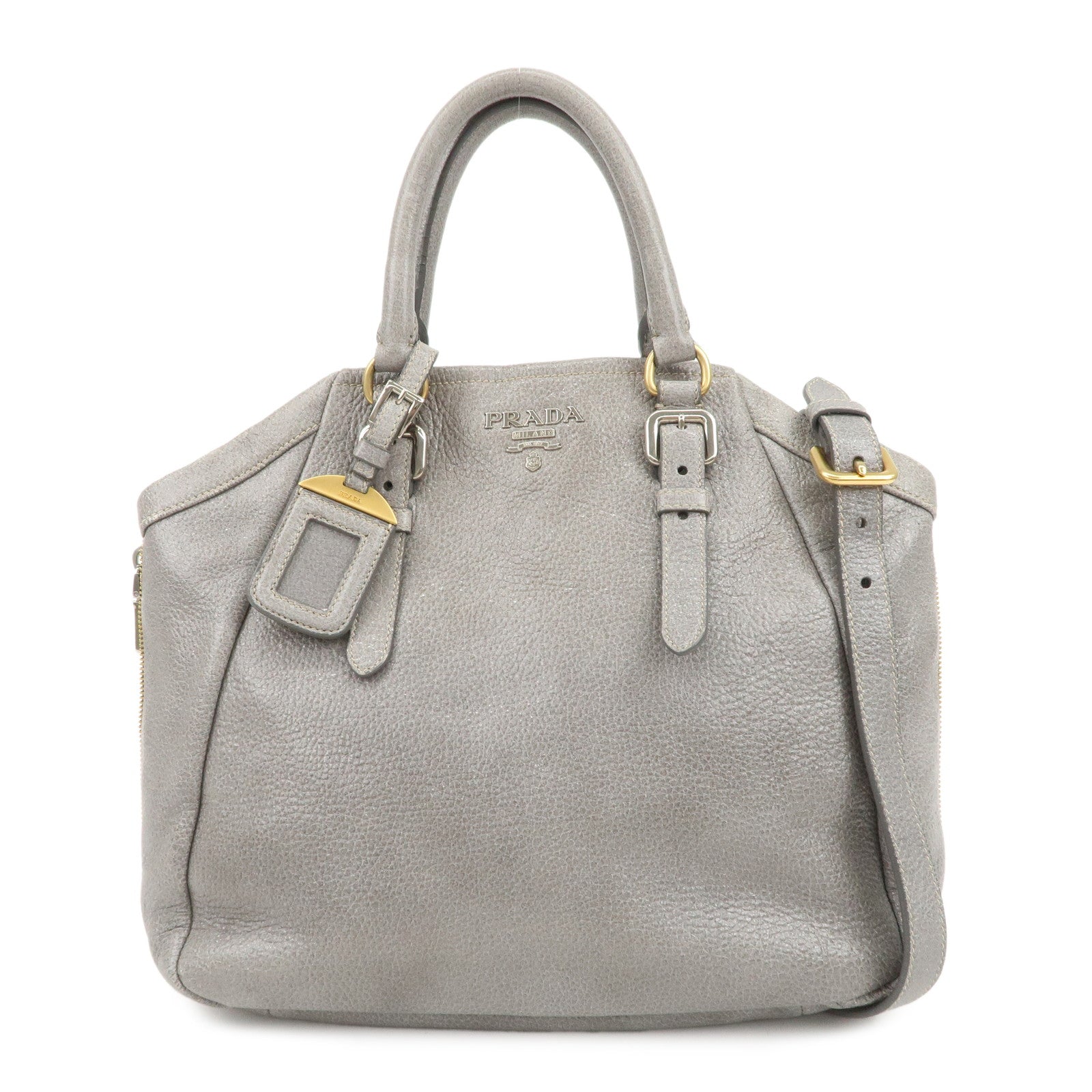 PRADA Logo Leather 2Way Bag Hand Bag Shoulder Bag Gray BN1695