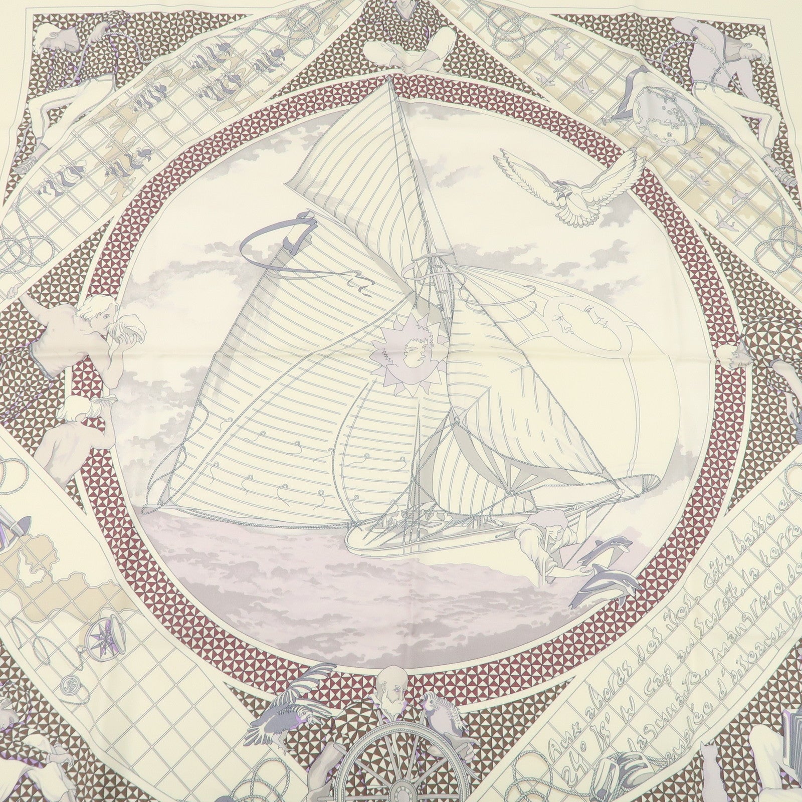 HERMES Carre 90 Silk 100% Scarf VOYAGE au LONGCOURS Ivory Used