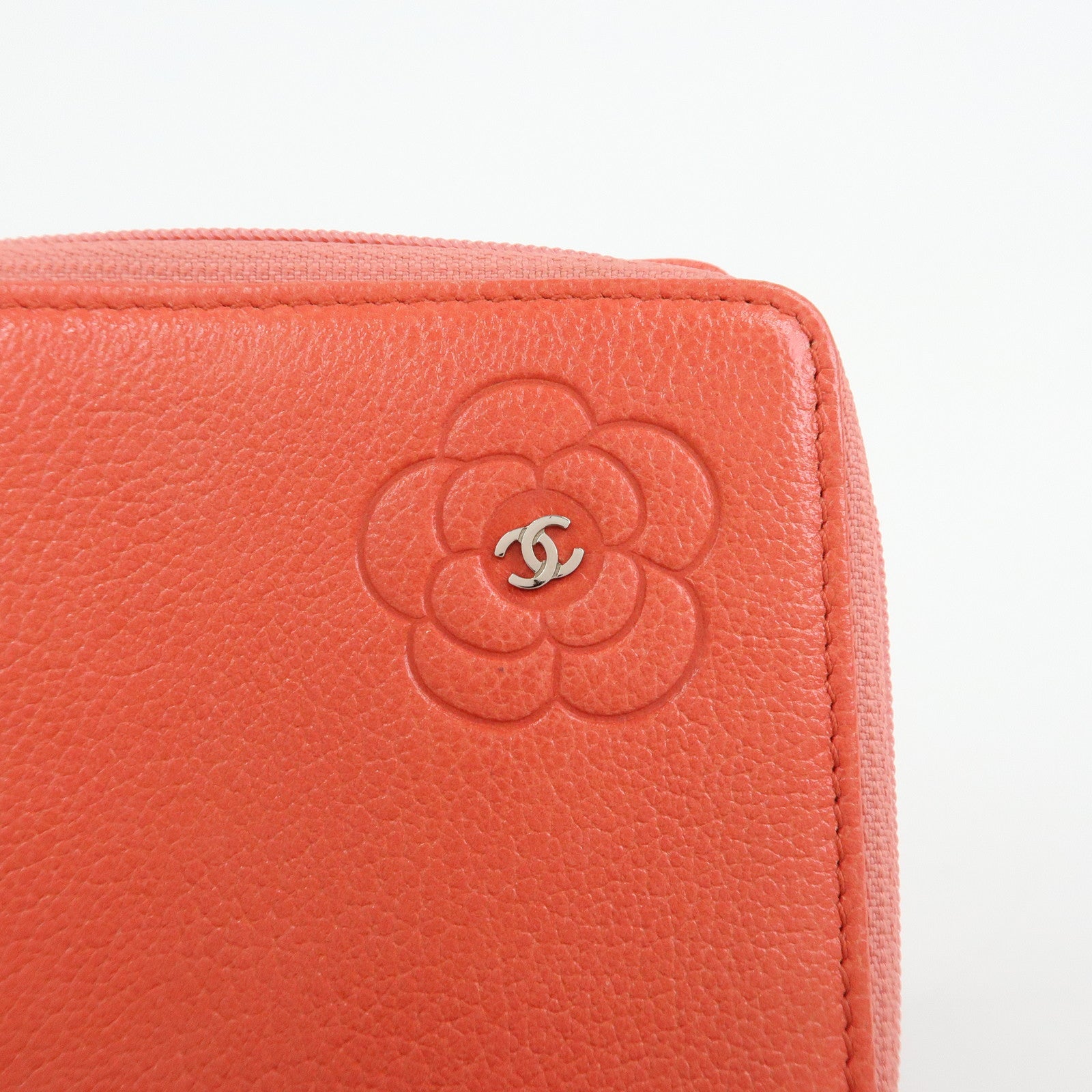 CHANEL Camellia Zip Around Leather Compact Wallet Rose Pink