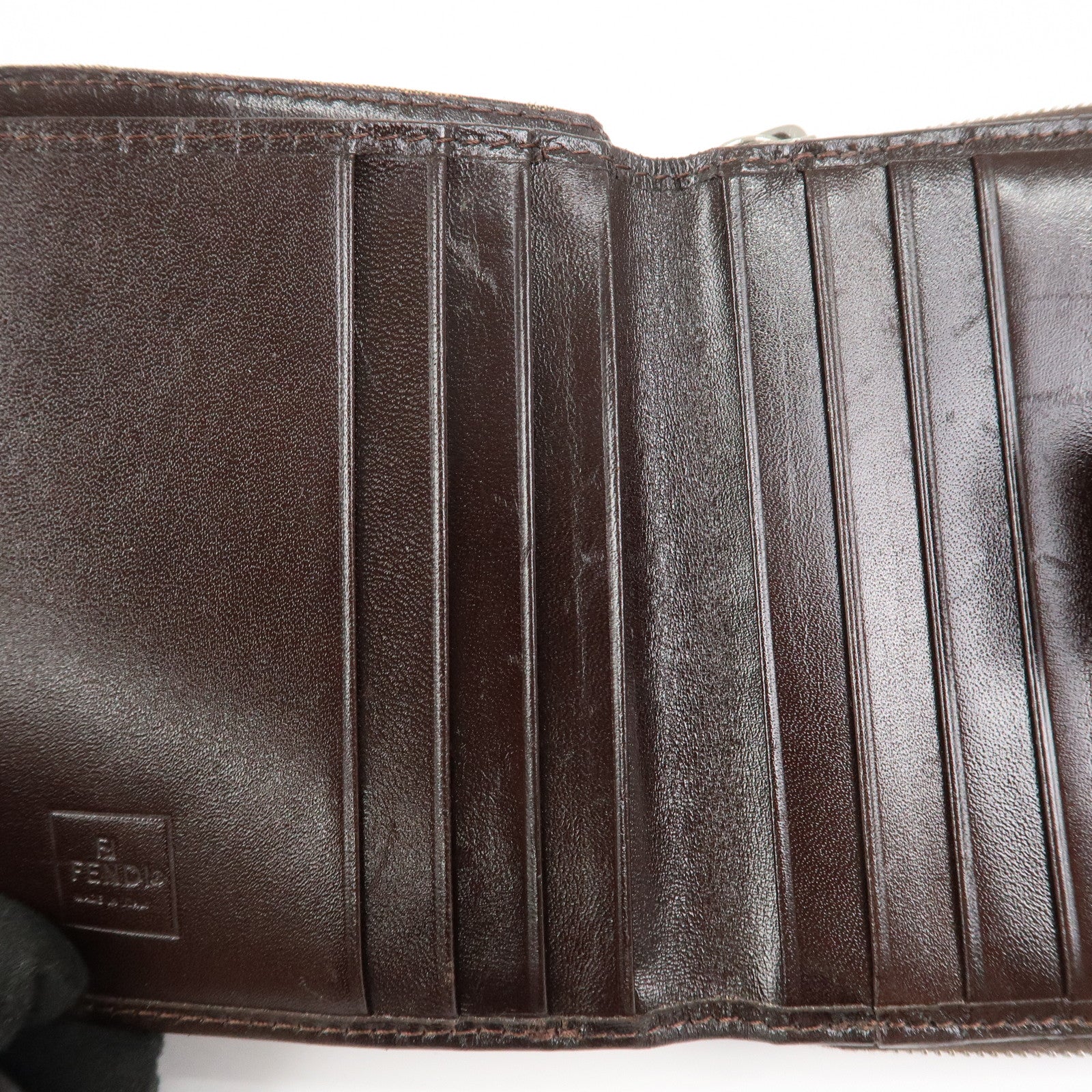 FENDI Zucca Canvas Leather Bi-fold Compact Wallet Brown Black 16348