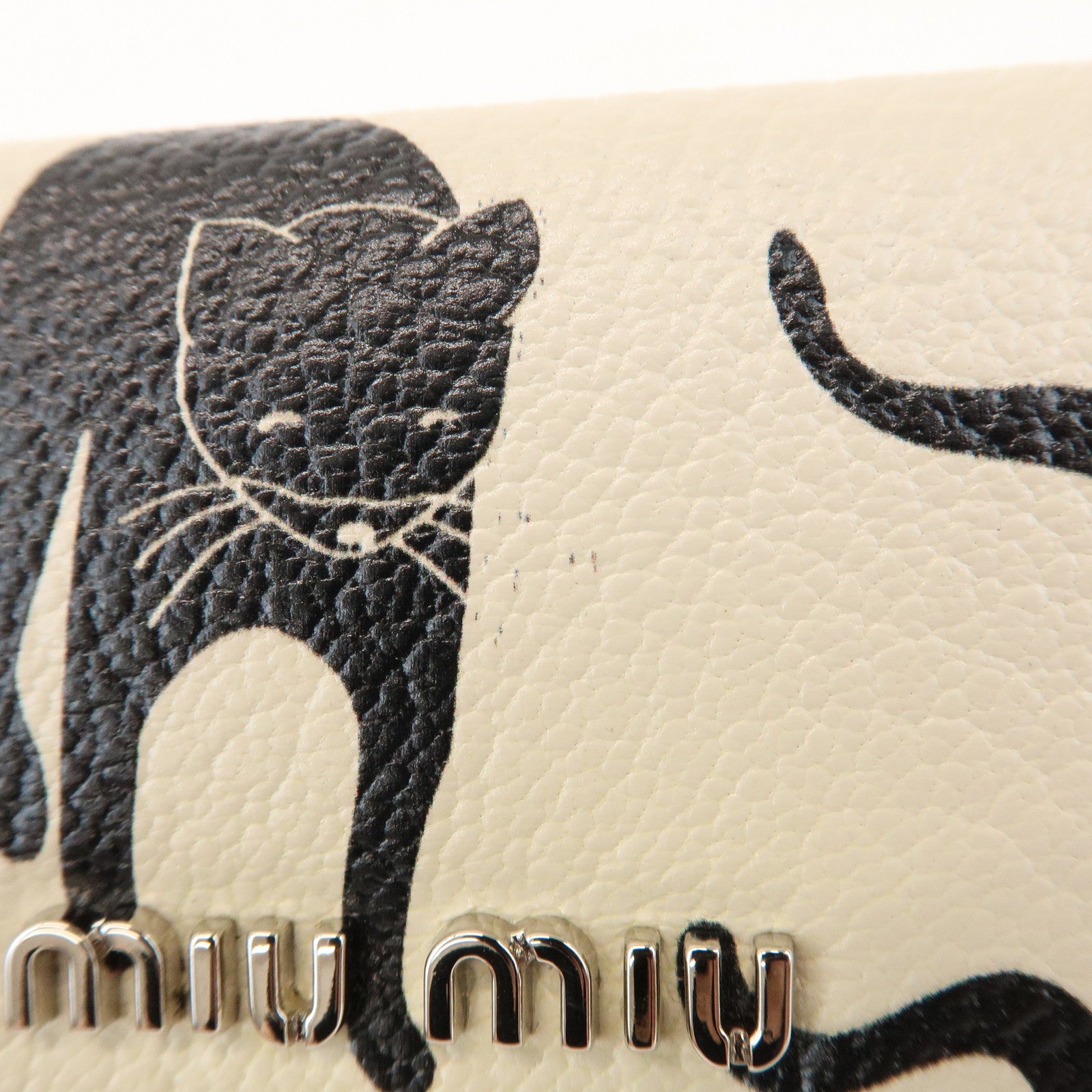 MIU MIU Leather Bi-fold Compact Wallet Black Cat Ivory 5ML225
