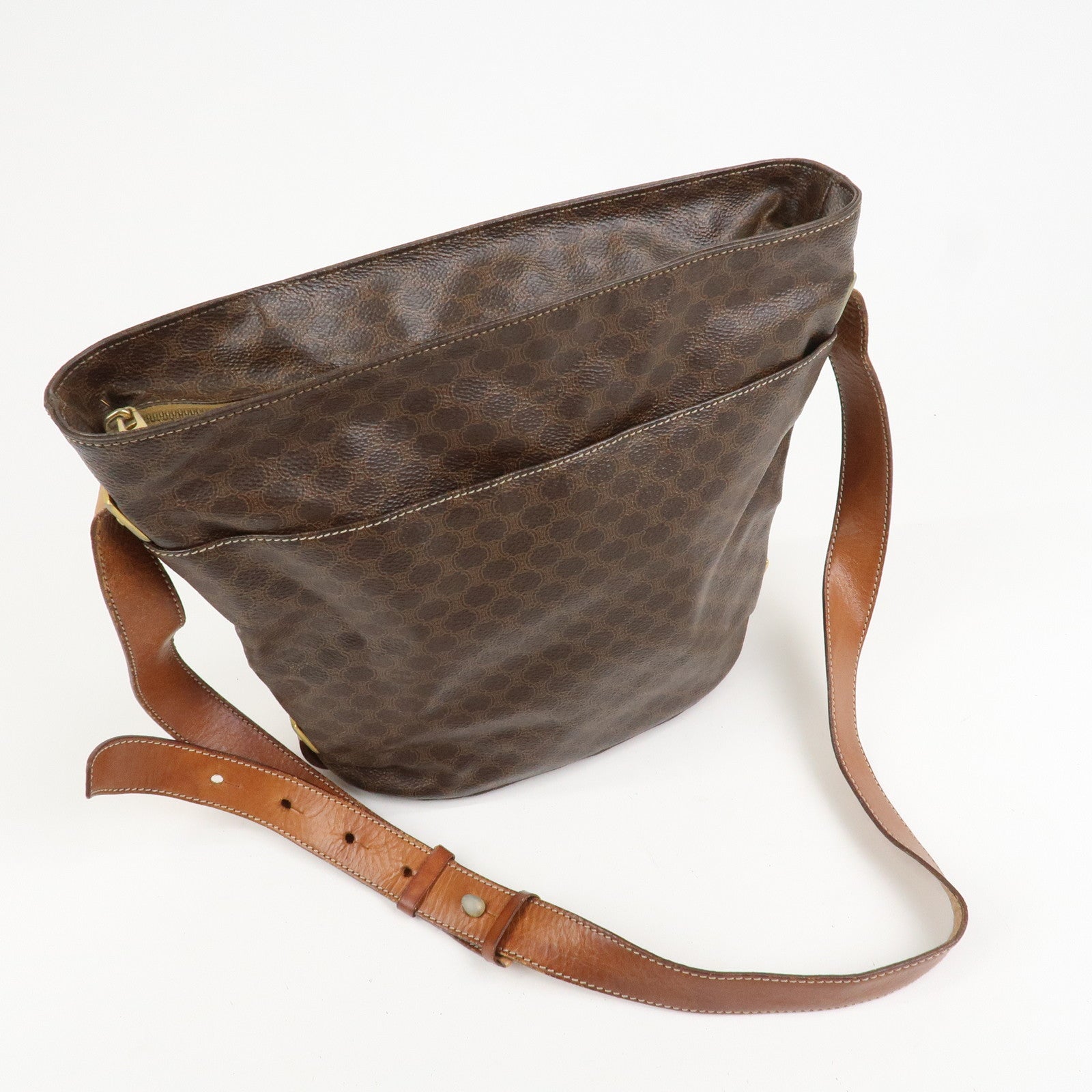 CELINE Macadam PVC Canvas Leather Shoulder Bag Brown Gold Hardware