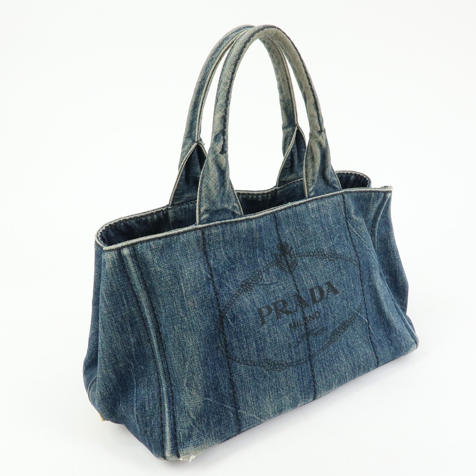 PRADA Logo Canapa Canvas Denim Tote Bag Hand Bag Blue B1877B