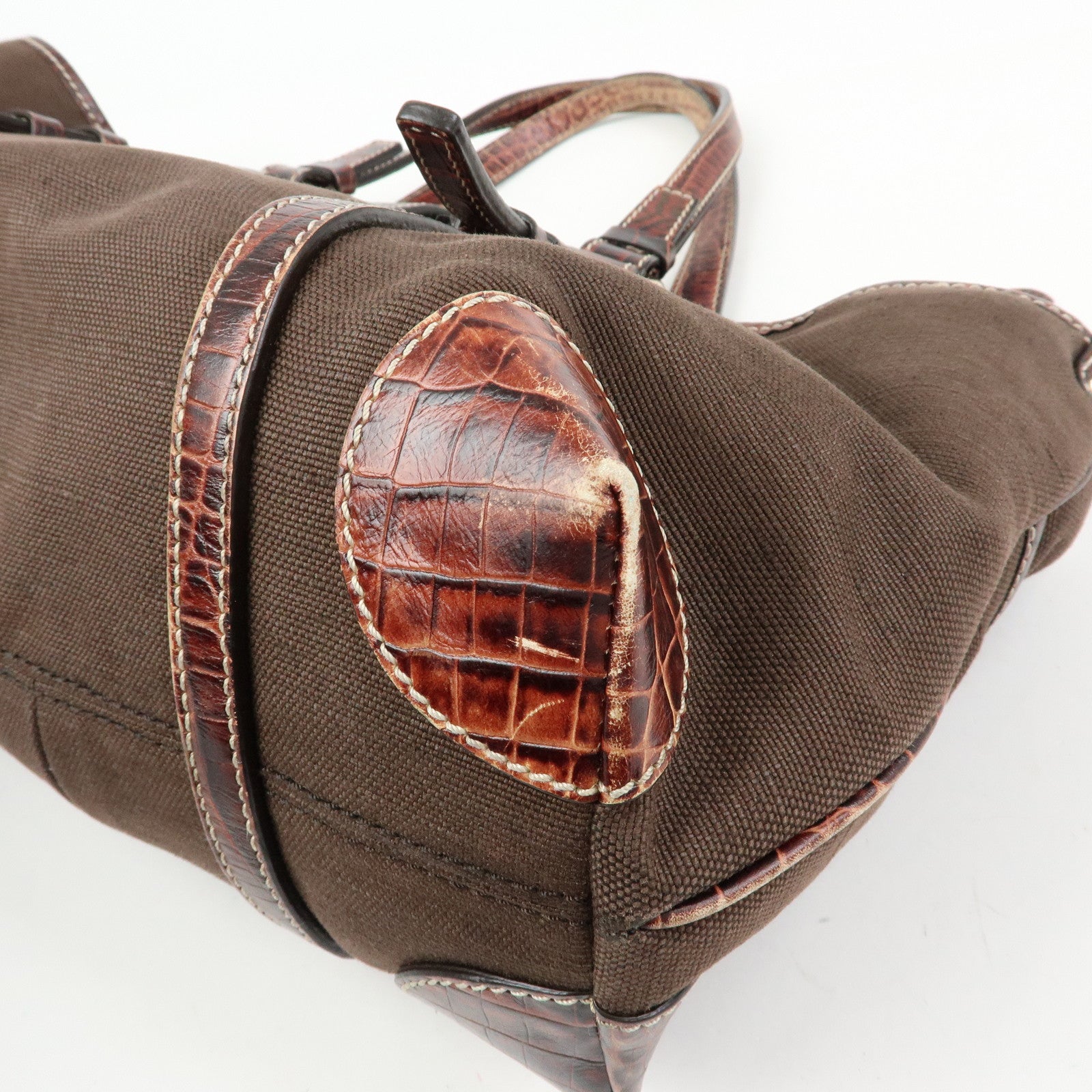 CELINE Logo Canvas Embossed Leather Tote Bag Hand Bag Brown
