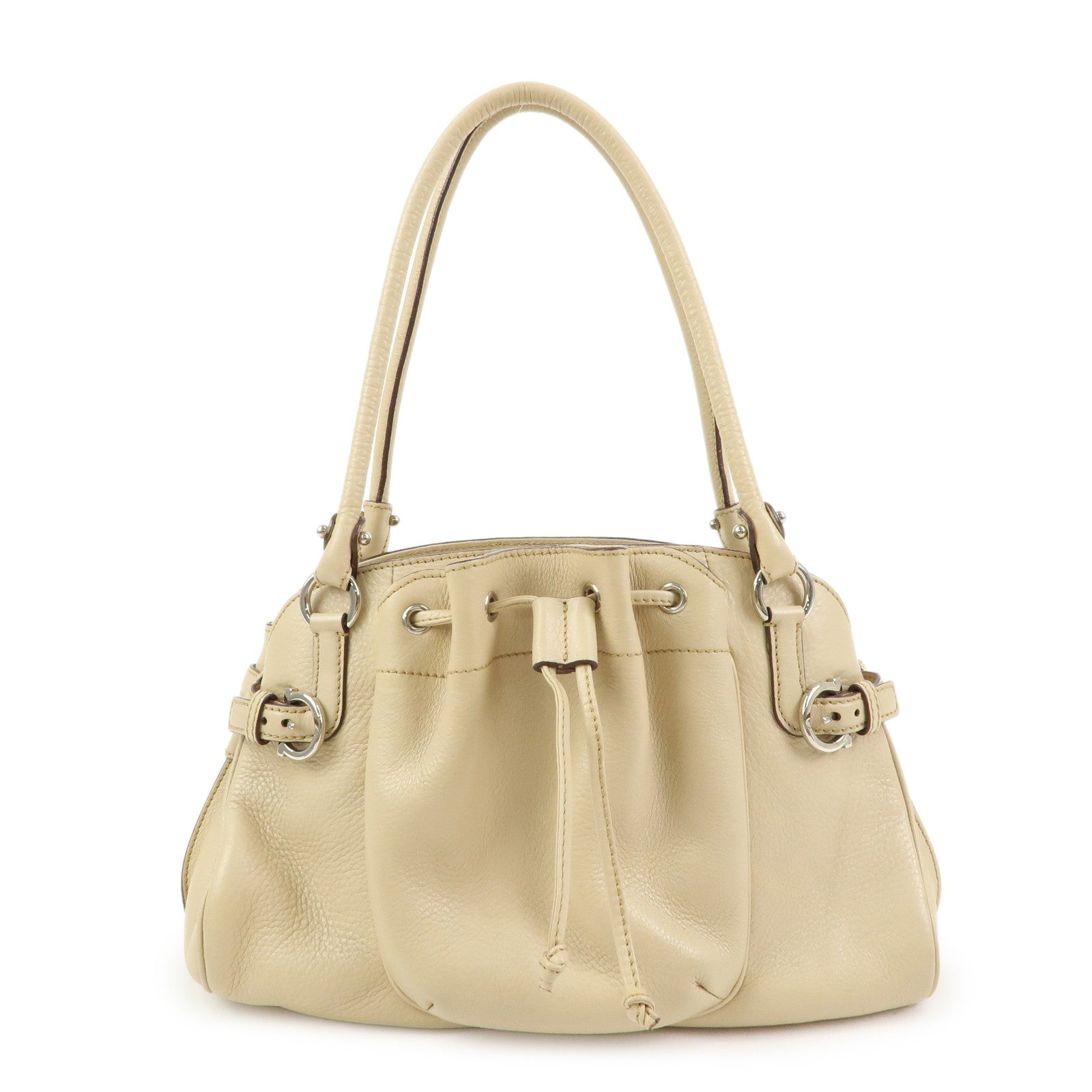 Ferragamo Gancini Leather Drawstring Shoulder Bag Hand Bag Beige