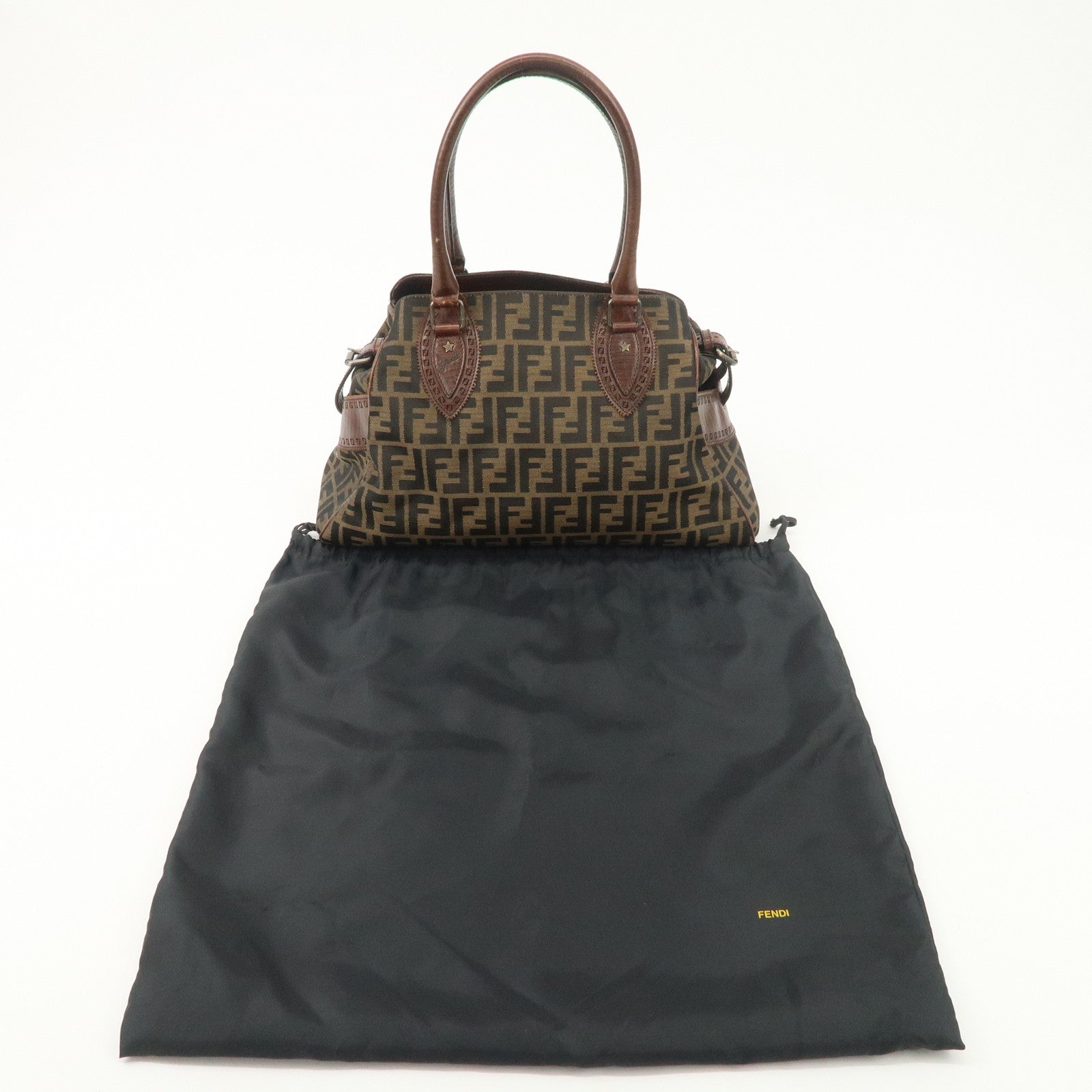 FENDI Zucca Canvas Leather Tote Bag Hand Bag Black Brown 8BN162 Used