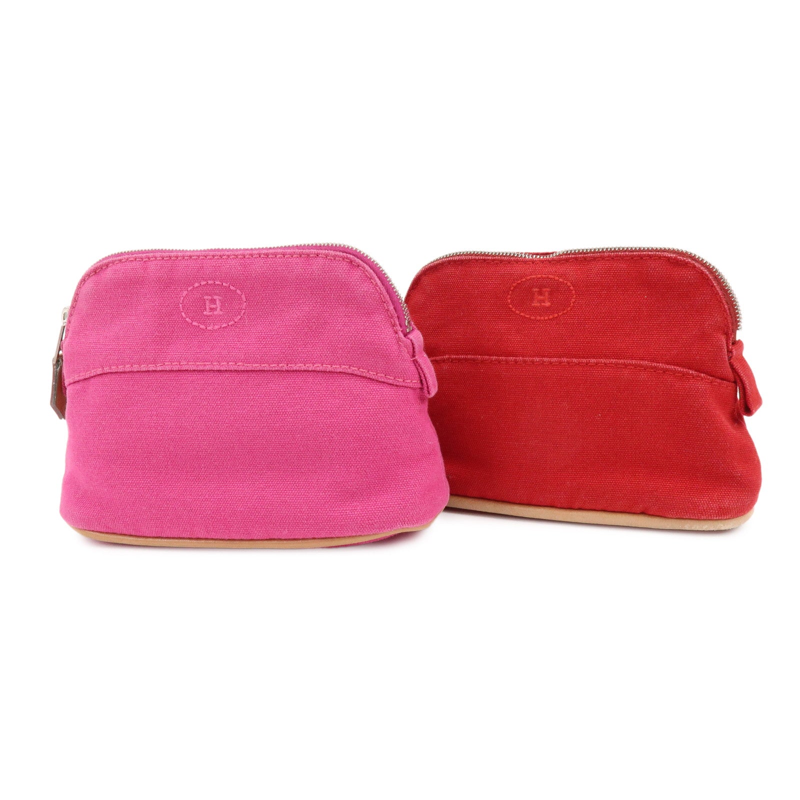 HERMES Bolide Set of 2 Canvas Leather Cosmetic Pouch Pink Red