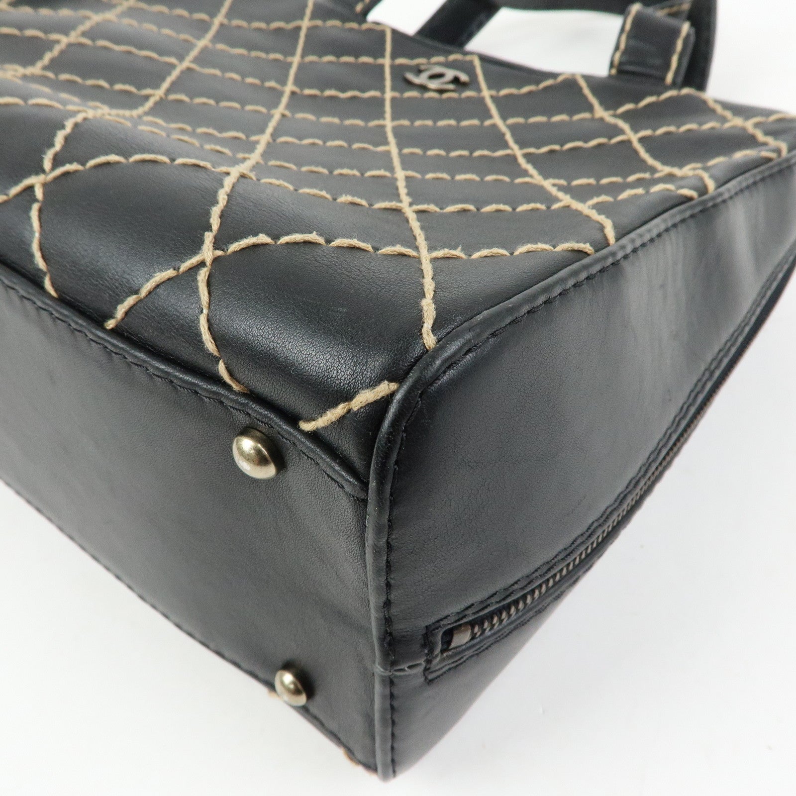 CHANEL Wild Stitch COCO Mark Leather Hand Bag Tote Bag Black A14693