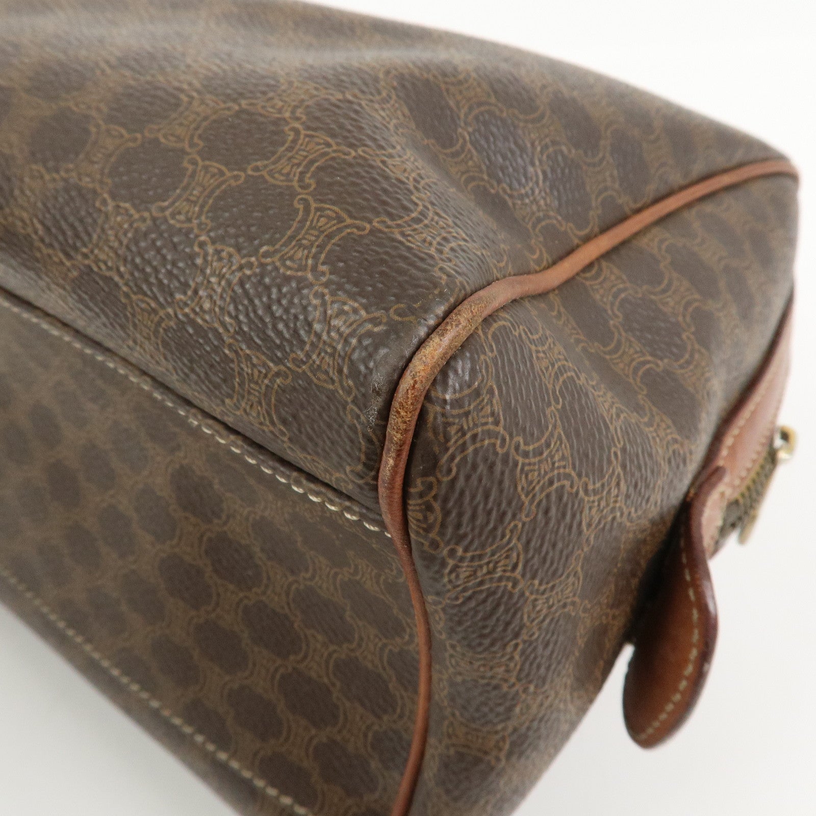 CELINE Macadam PVC Canvas Leather Boston Bag Hand Bag Brown