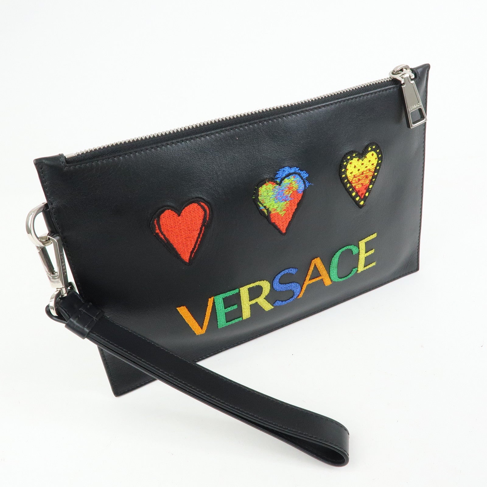 VERSACE Logo Leather Heart Wrist Bag Clutch Bag Black Multicolor