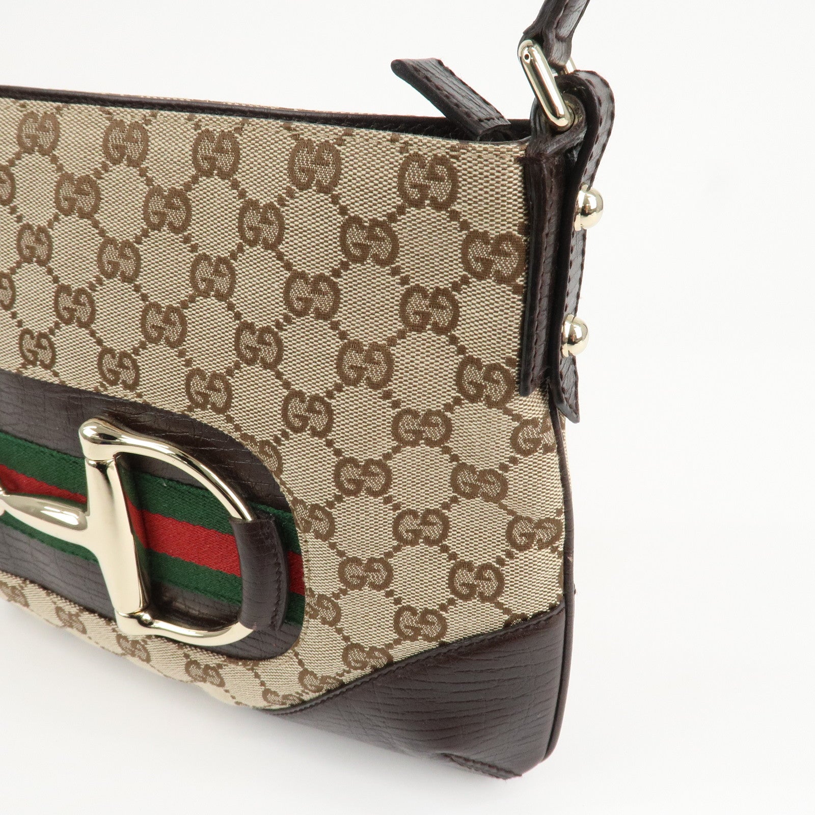GUCCI Horsebit Sherry GG Canvas Leather Shoulder Bag Brown 17004