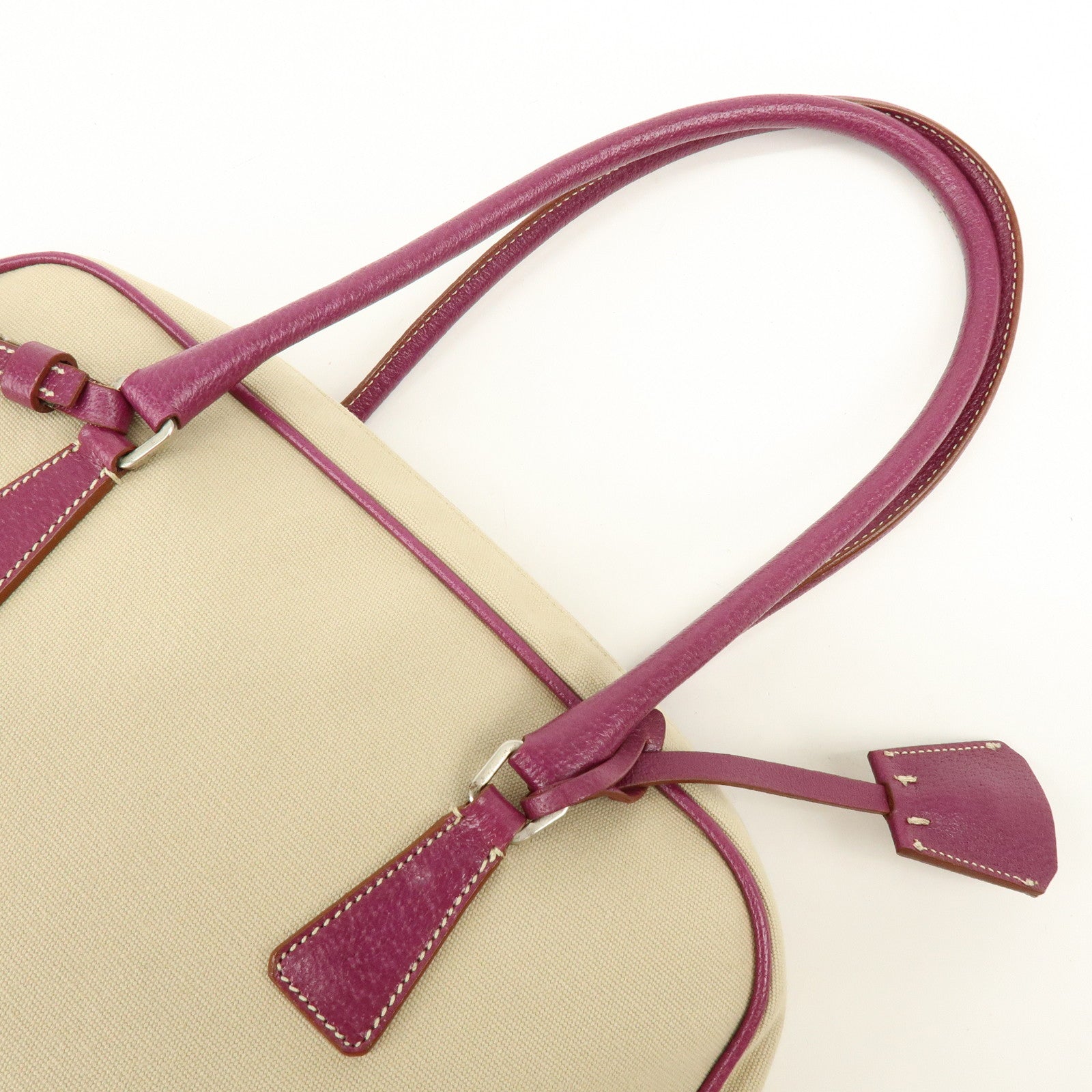 PRADA Triangle Logo Canvas Leather Bowling Bag Natural Purple