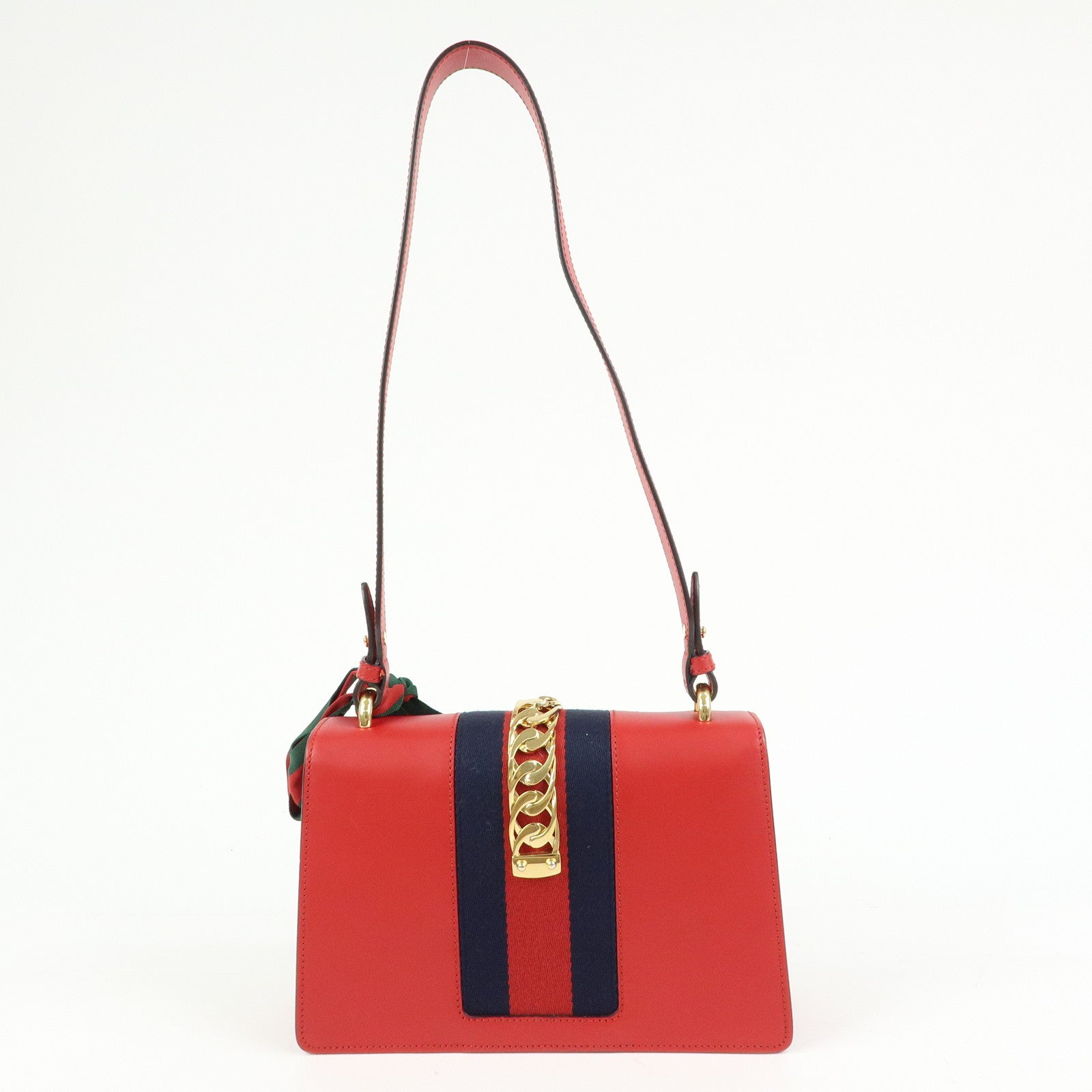 GUCCI Sylvie Sherry Leather Shoulder Bag Ribbon Red Navy 421882