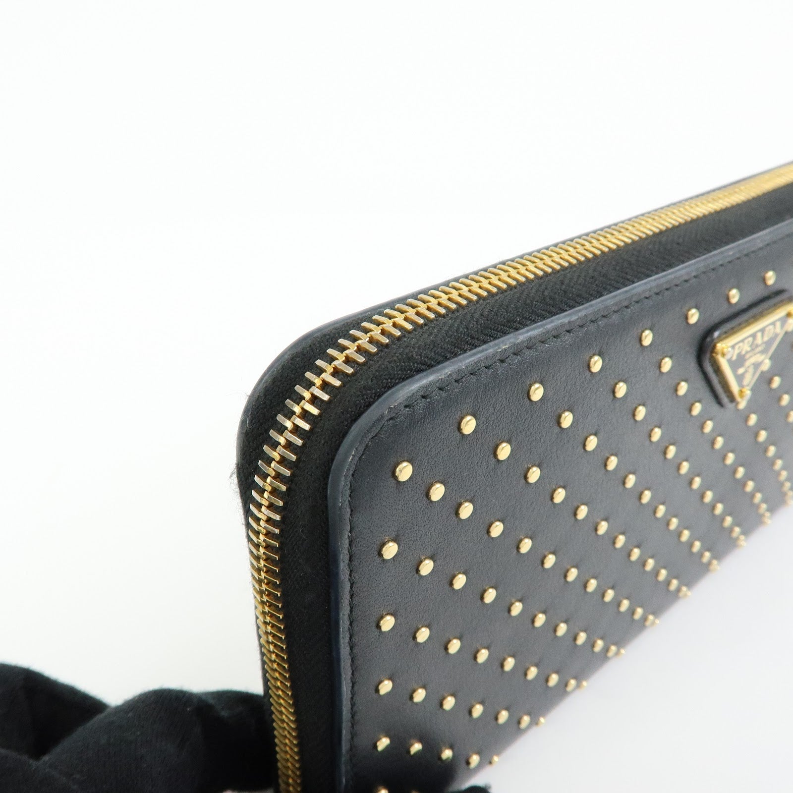 PRADA Triangle Logo Studs Leather Round Zippy Long Wallet Black
