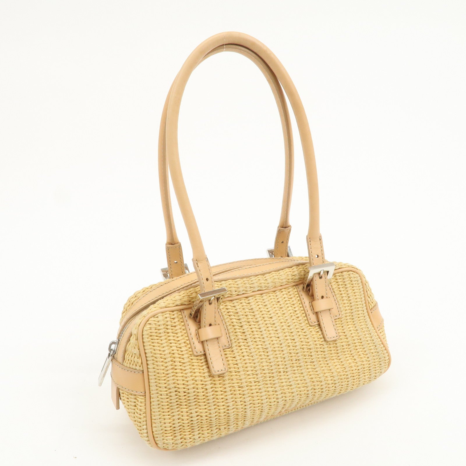 FENDI Raffia Leather Small Boston Hand Shoulder Bag Natural 8BN004