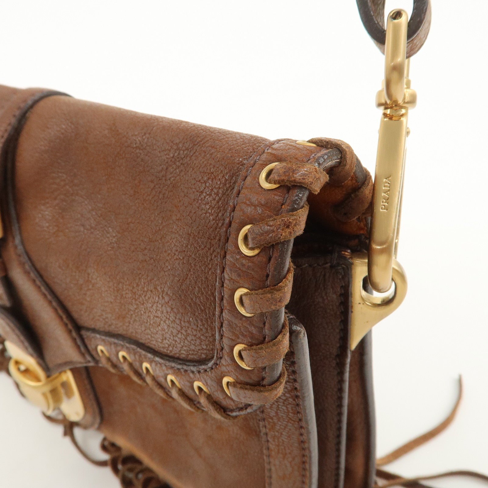 PRADA Fringe Leather 2Way Bag Shoulder Bag Clutch Bag Brown BR3165
