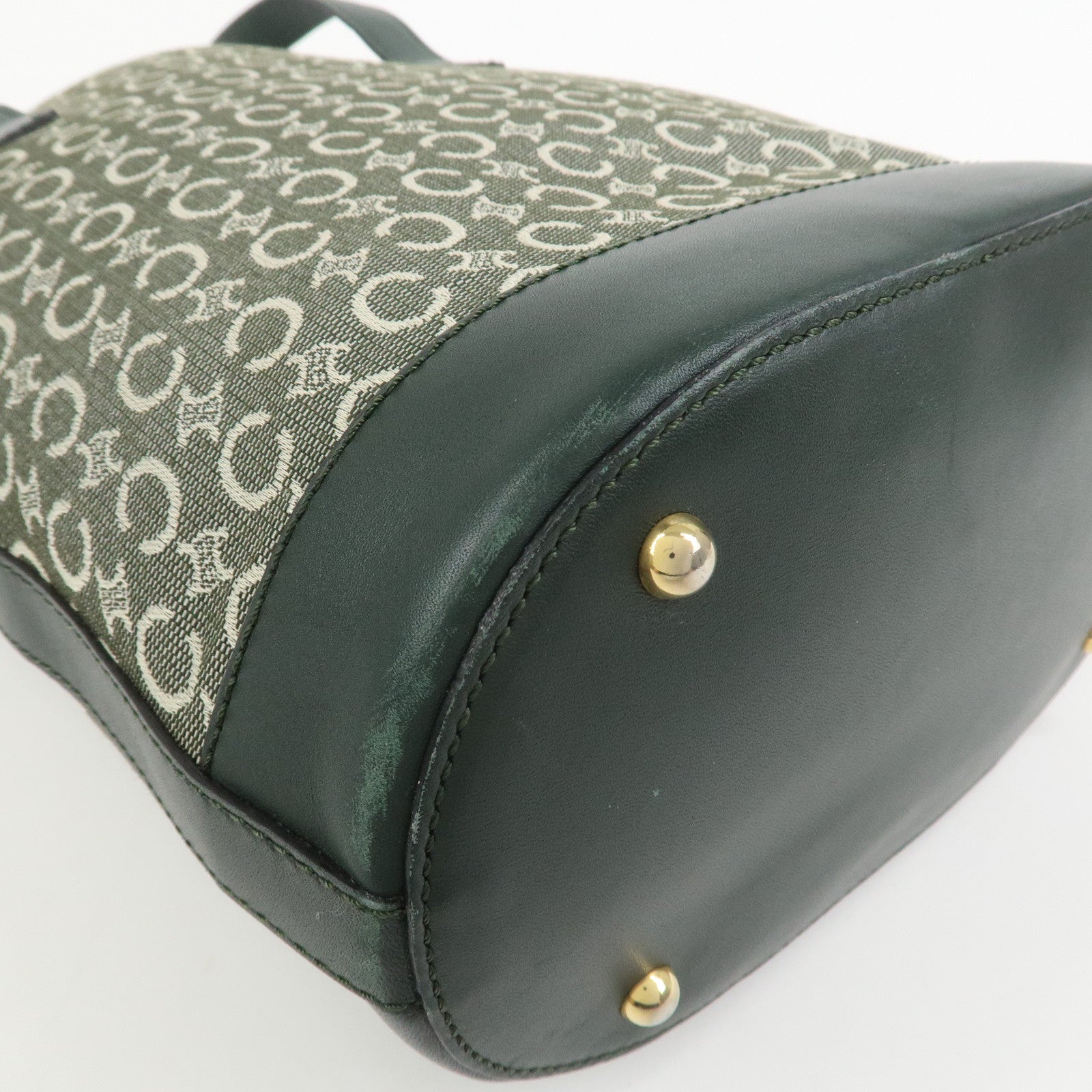 CELINE C Macadam Canvas Leather Tote Bag Shoulder Bag Dark Green