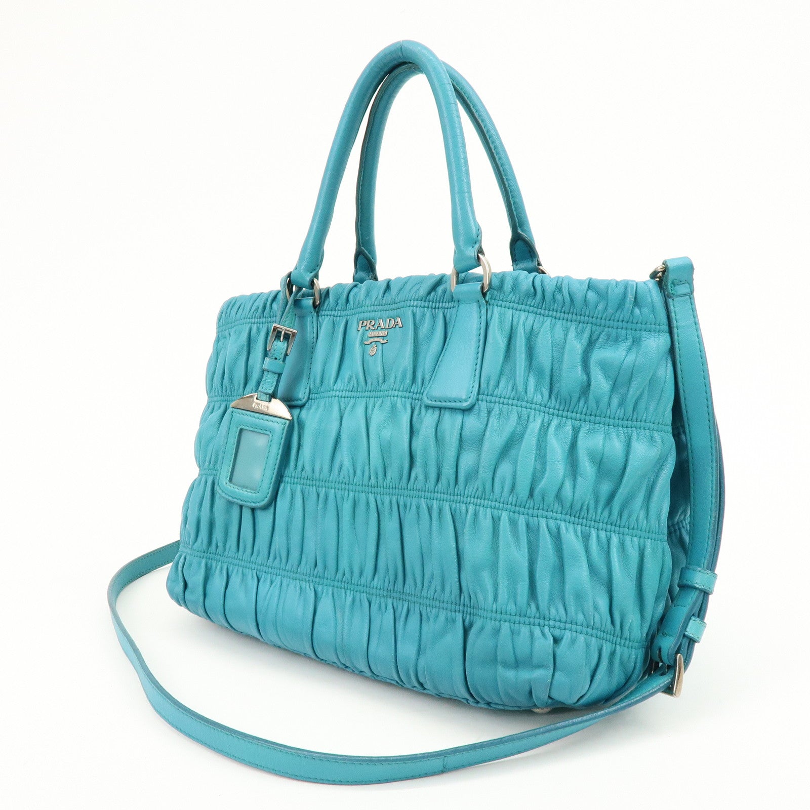 PRADA Leather 2Way Bag Hand Bag Shoulder Bag Turquoise Blue