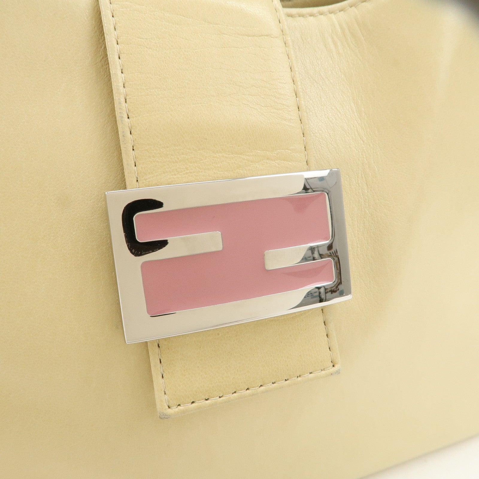 FENDI Logo Leather Shoulder Bag Hand Bag Beige Silver Hardware