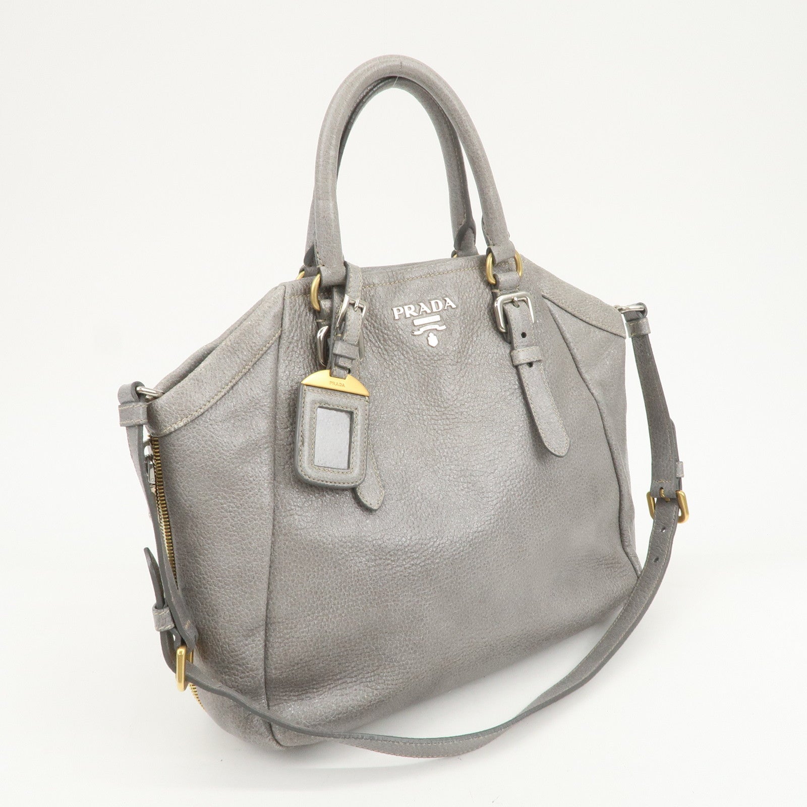PRADA Logo Leather 2Way Bag Hand Bag Shoulder Bag Gray BN1695