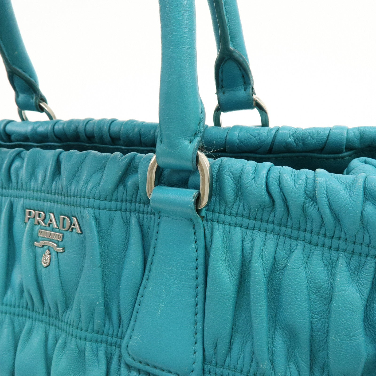 PRADA Leather 2Way Bag Hand Bag Shoulder Bag Turquoise Blue
