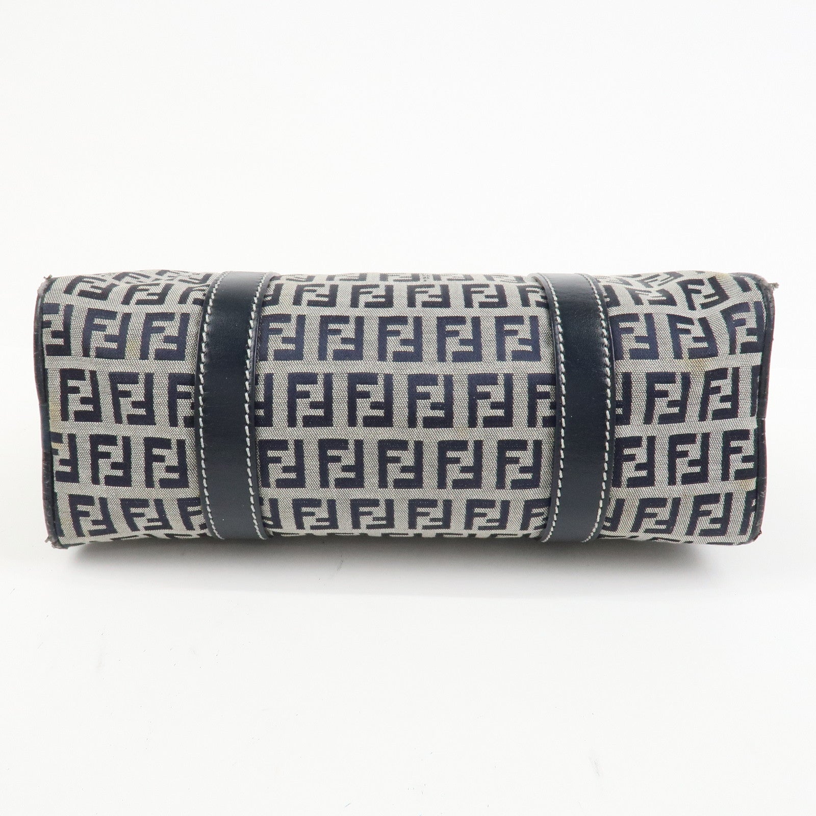 FENDI Zucchino Canvas Leather Hand Bag Mini Boston Bag Navy 16327