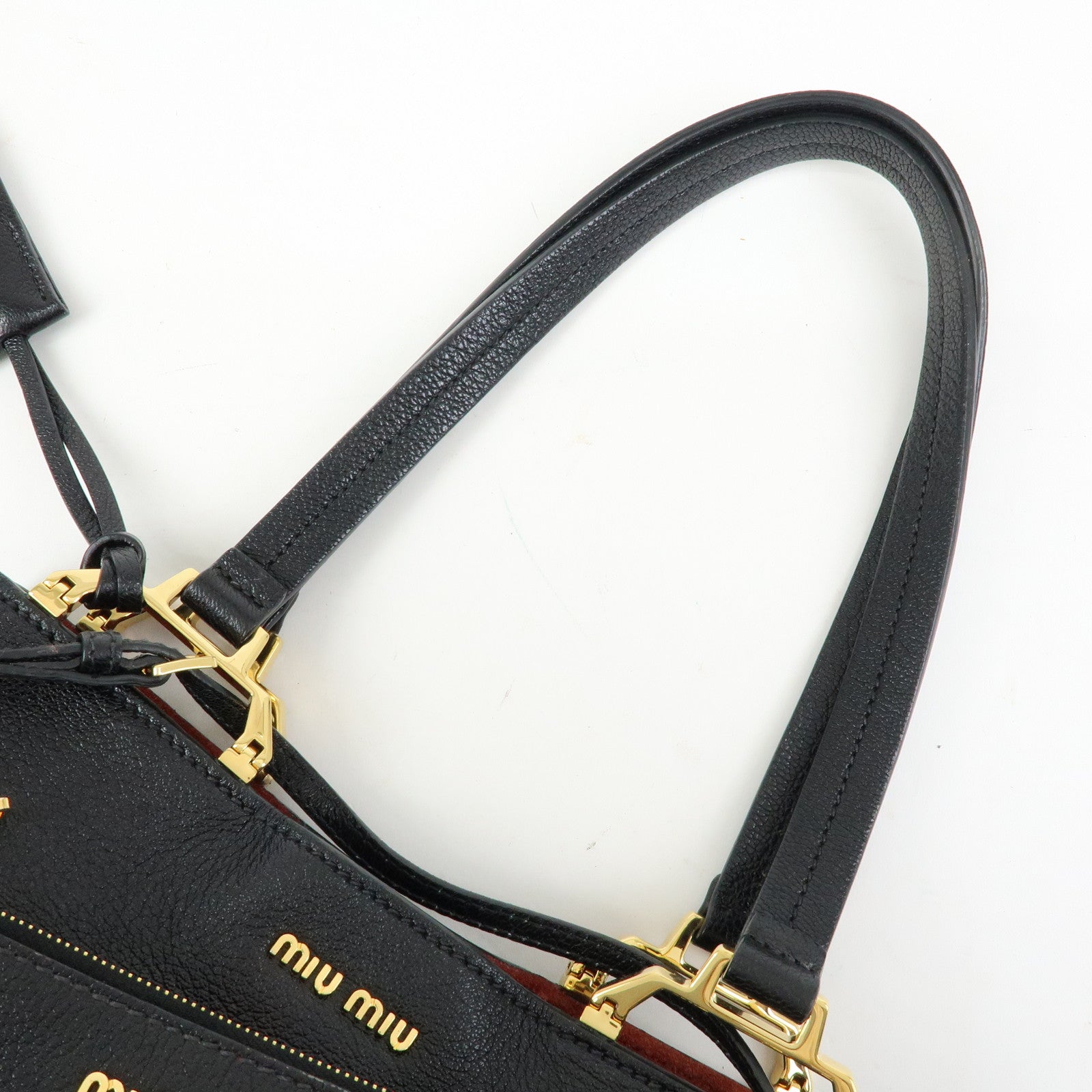 MIU MIU Logo Madras Leather Tote Bag Shoulder Bag Hand Bag Black