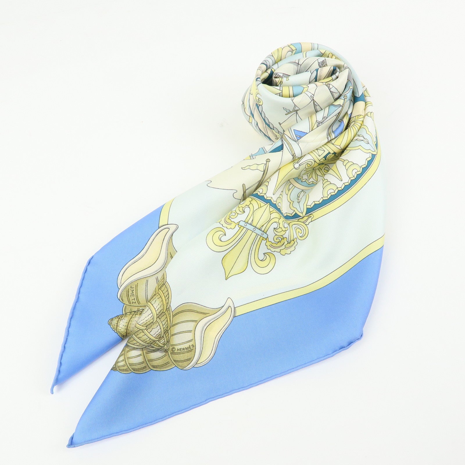 HERMES Carre 90 Silk 100% Scarf  L'AIR MARIN Ship Print Blue Ivory