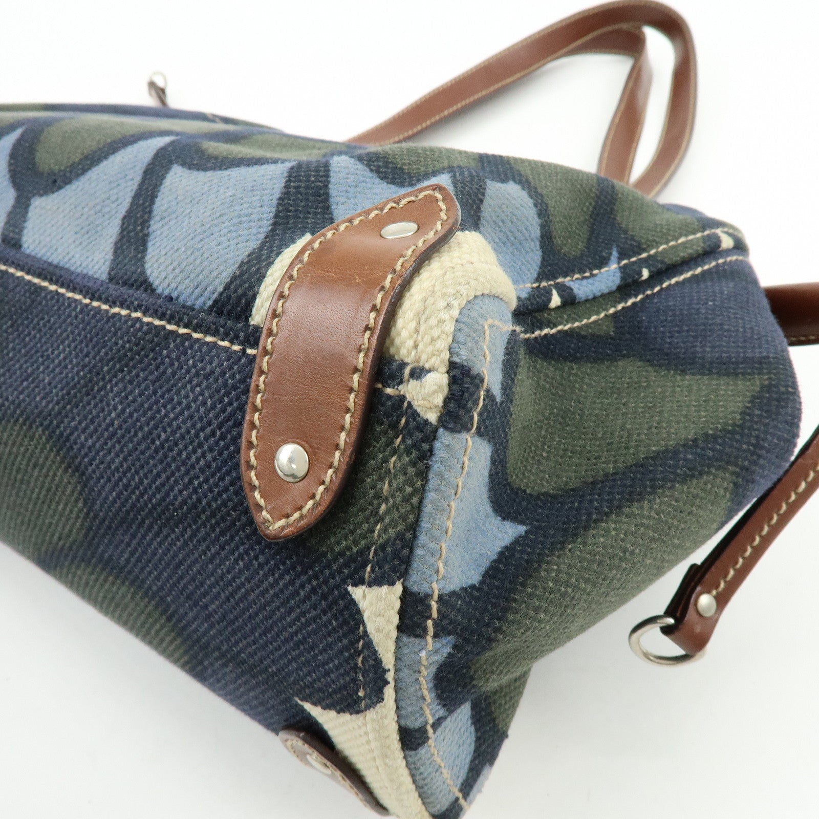 MIU MIU Canvas Leather Tote Bag Shoulder Bag Flower Motif Navy