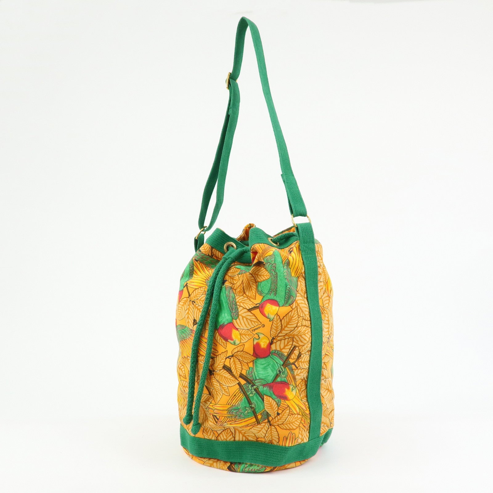 HERMES Canvas Drawstring Shoulder Bag Crossbody Bag Orange Green