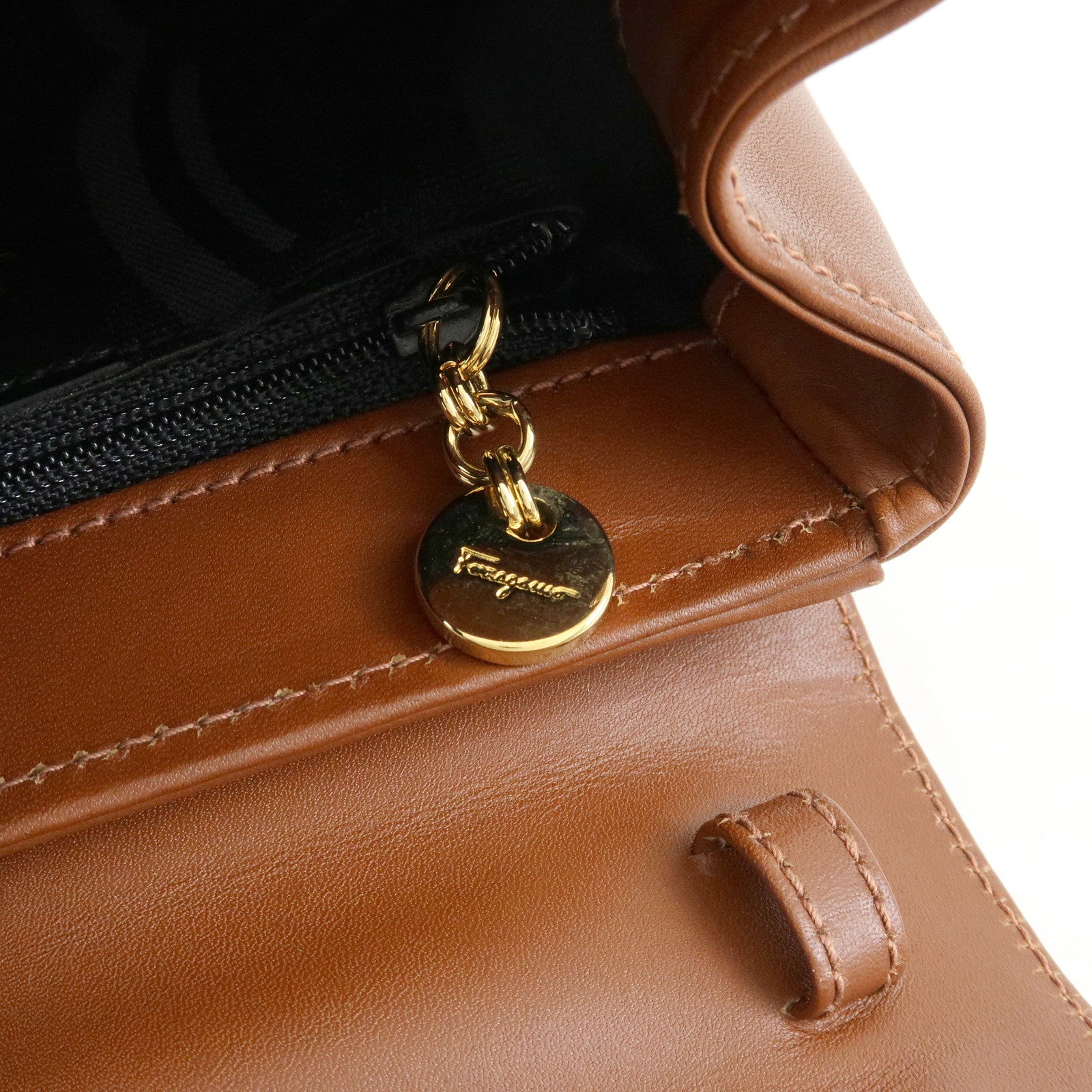 Ferragamo Gancini Leather 2Way Bag Hand Bag Shoulder Bag Brown