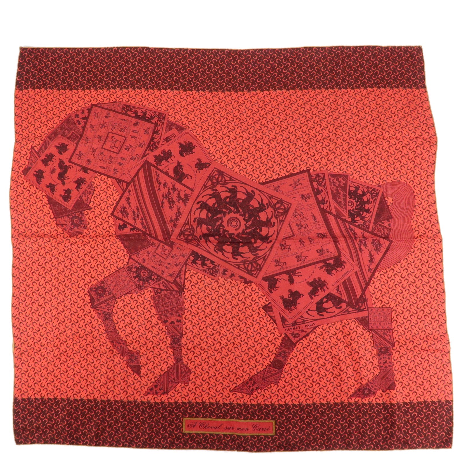 HERMES Carre 90 Silk 100% Scarf  Porte Bonheur Horse Pattern Red Used