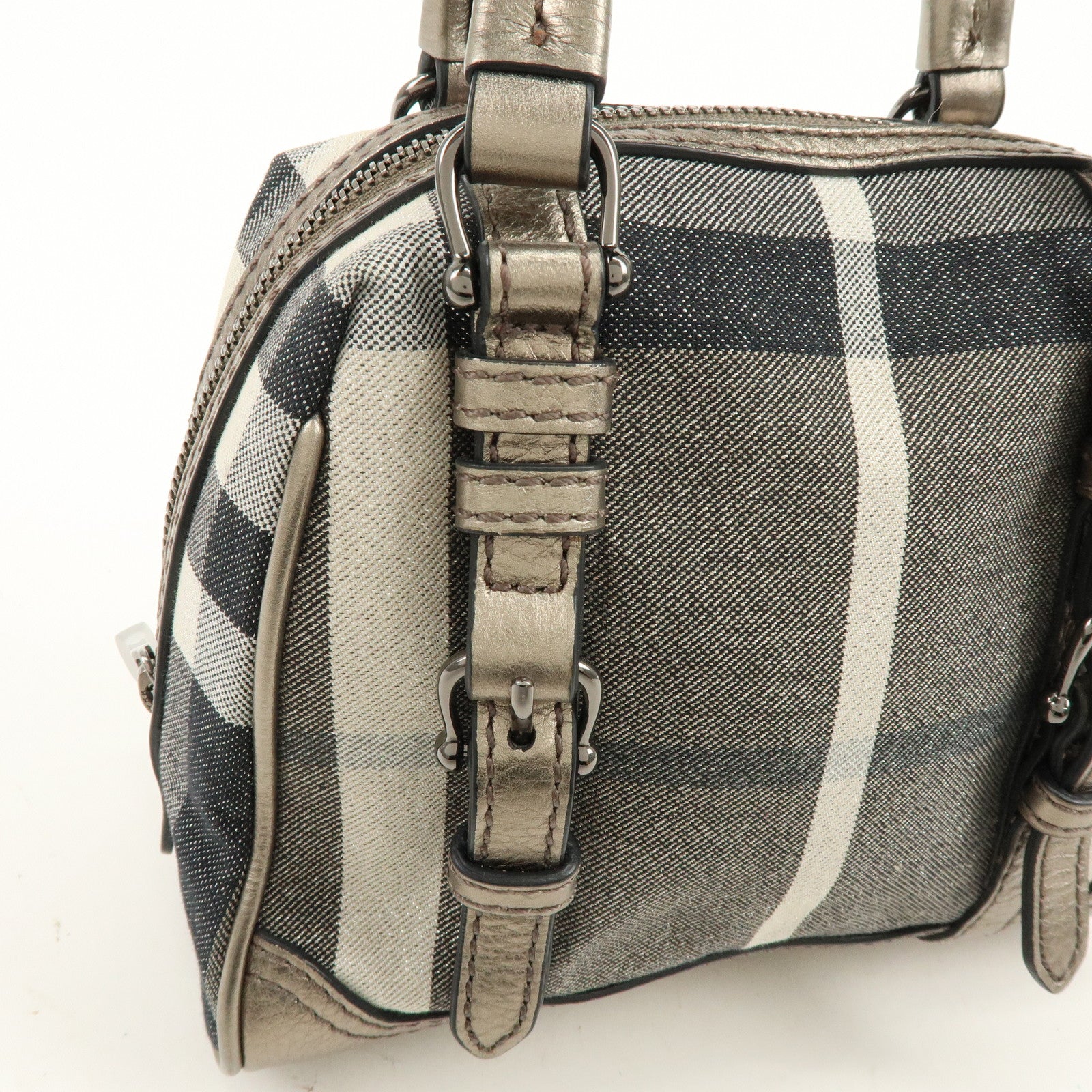 BURBERRY Plaid Canvas Leather Hand Bag Gray Champagne Gold