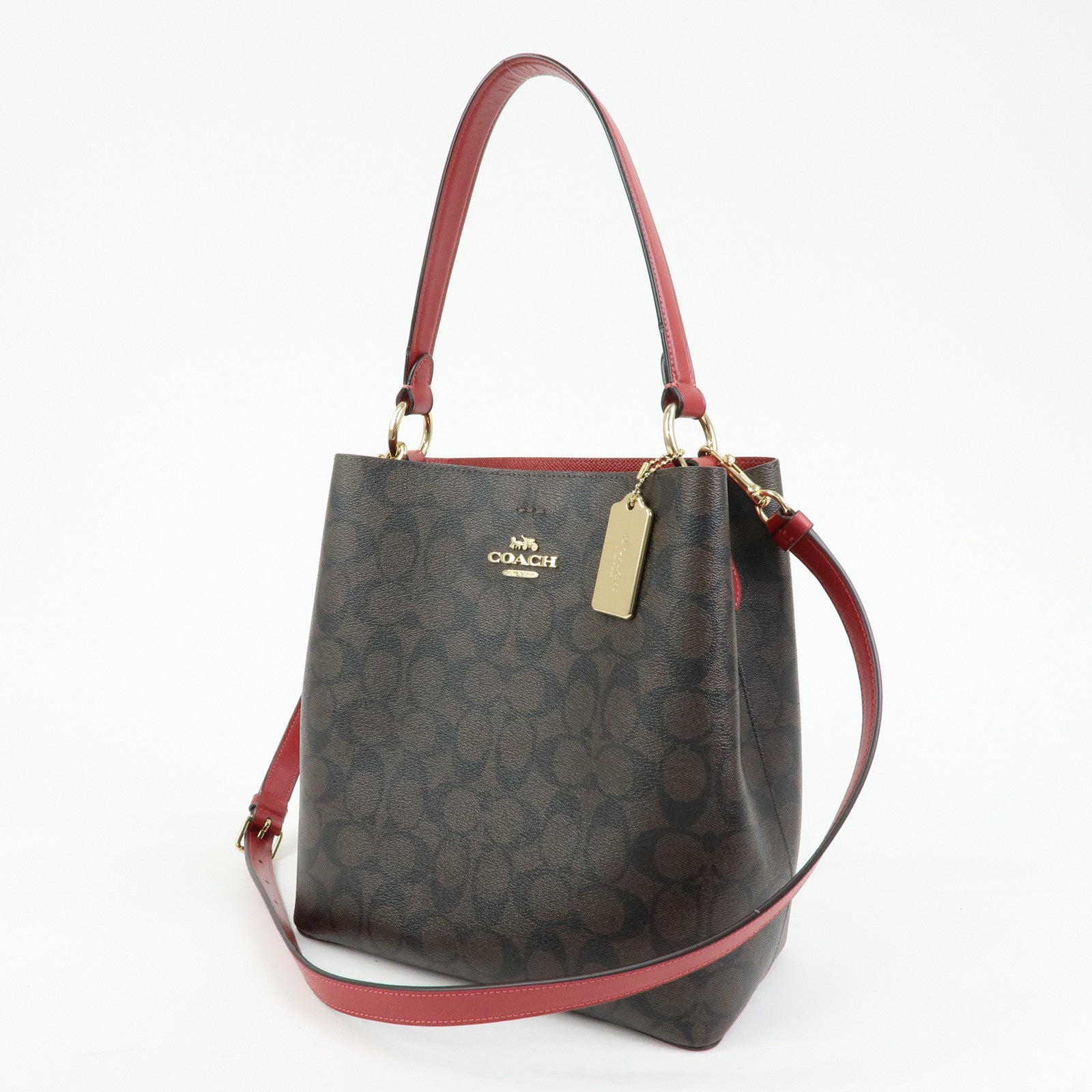 COACH Signature PVC 2Way Shoulder Bag Hand Bag Dark Brown Red