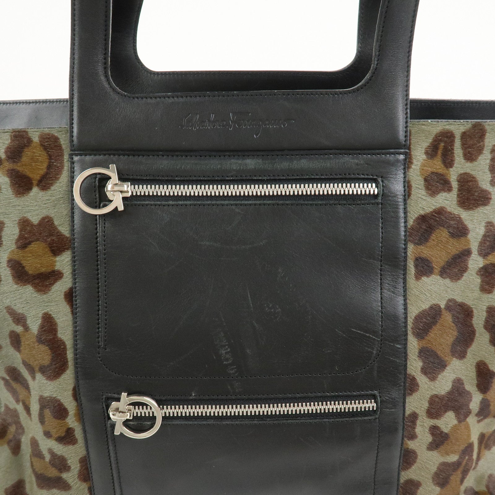 Ferragamo Gancini Unborn Calf Leather Tote Bag Shoulder Bag Leopard