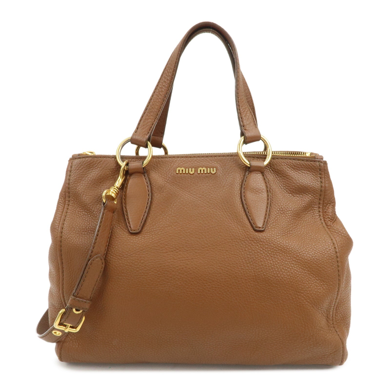 MIU MIU Logo Leather 2Way Bag Hand Bag Shoulder Bag Brown RN0761