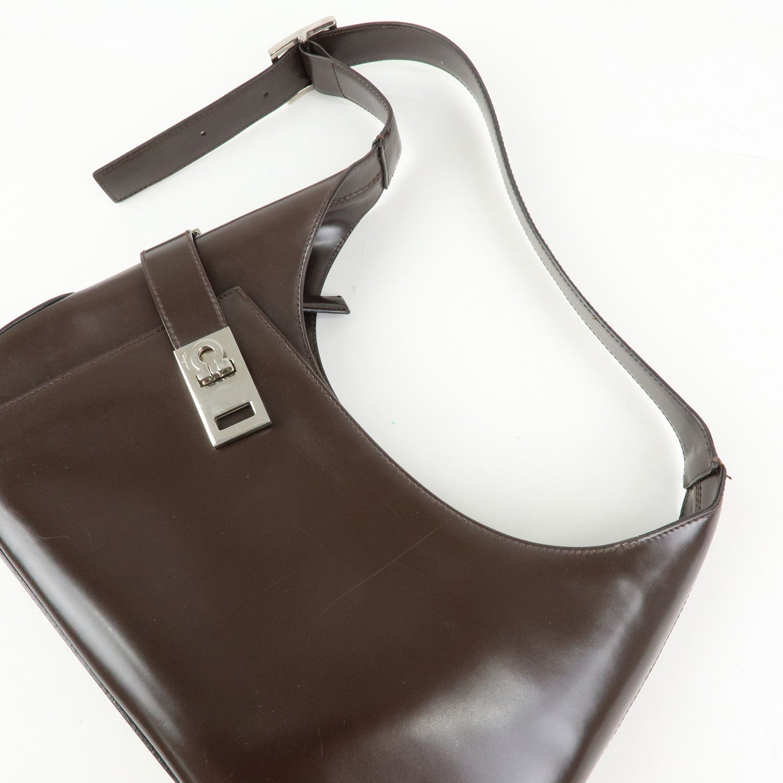 Ferragamo Gancini Leather Shoulder Bag Hand Bag Dark Brown