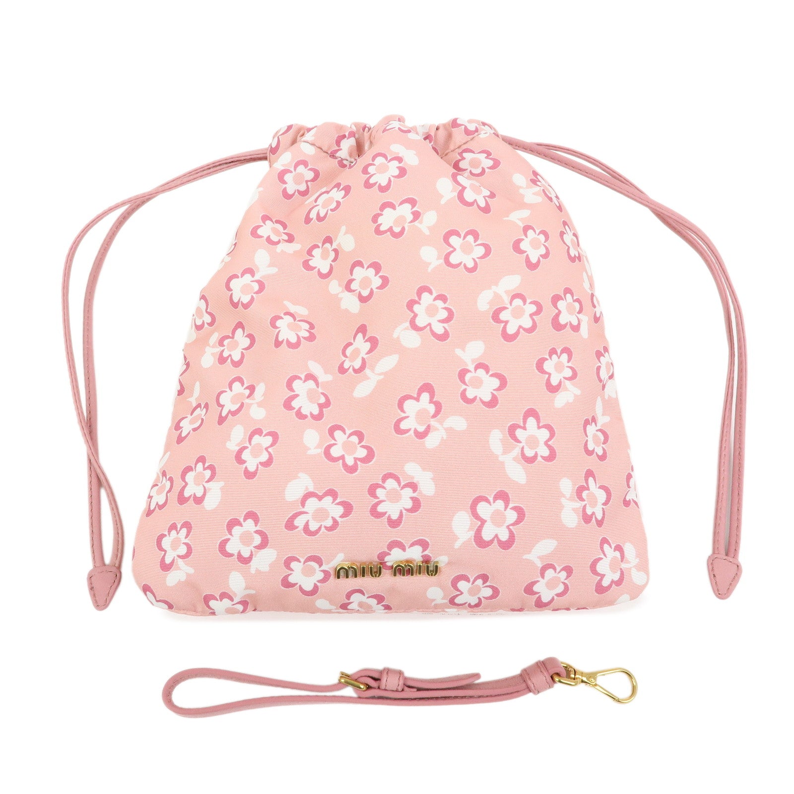 MIU MIU Logo Nylon Leather Drawstring Pouch Flower Motif 5NG003