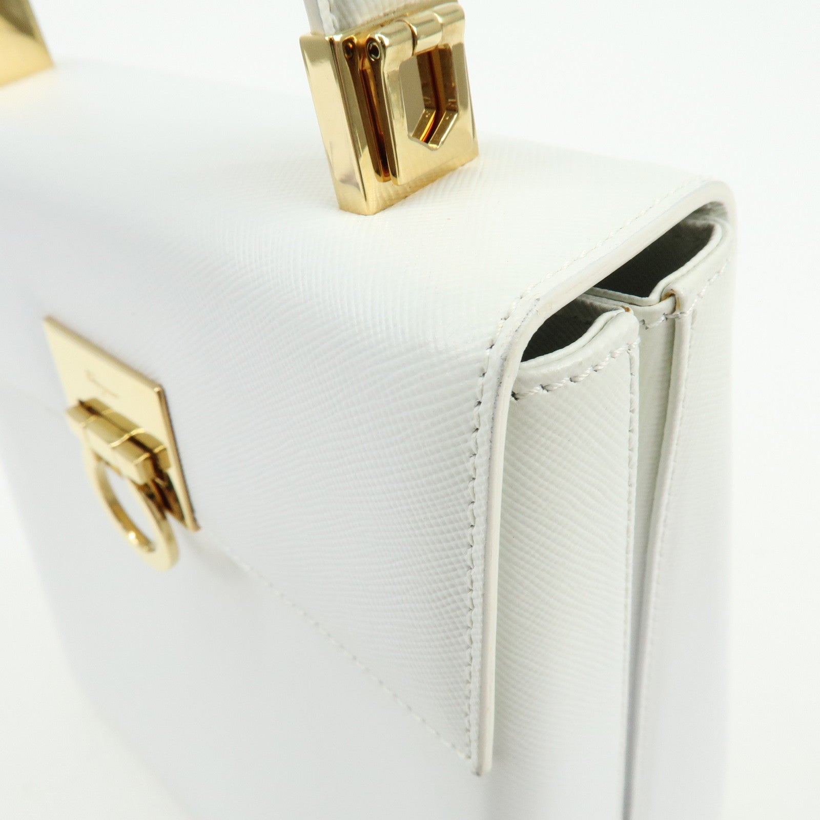 Ferragamo Gancini Leather 2Way Bag Hand Bag Shoulder Bag White