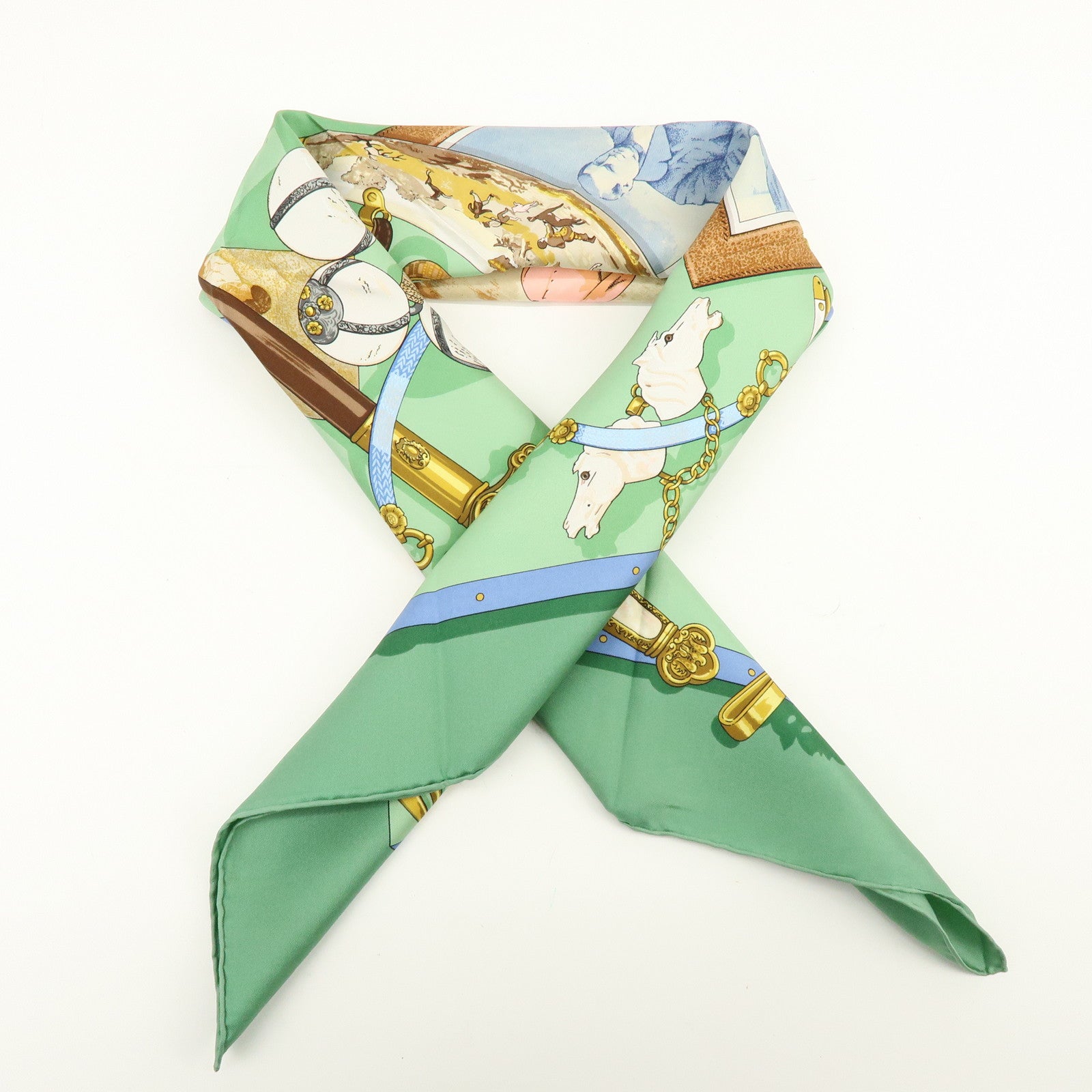 HERMES Carre 90 Silk 100% Memoire d'Hermes Scarf Green Brown Gold