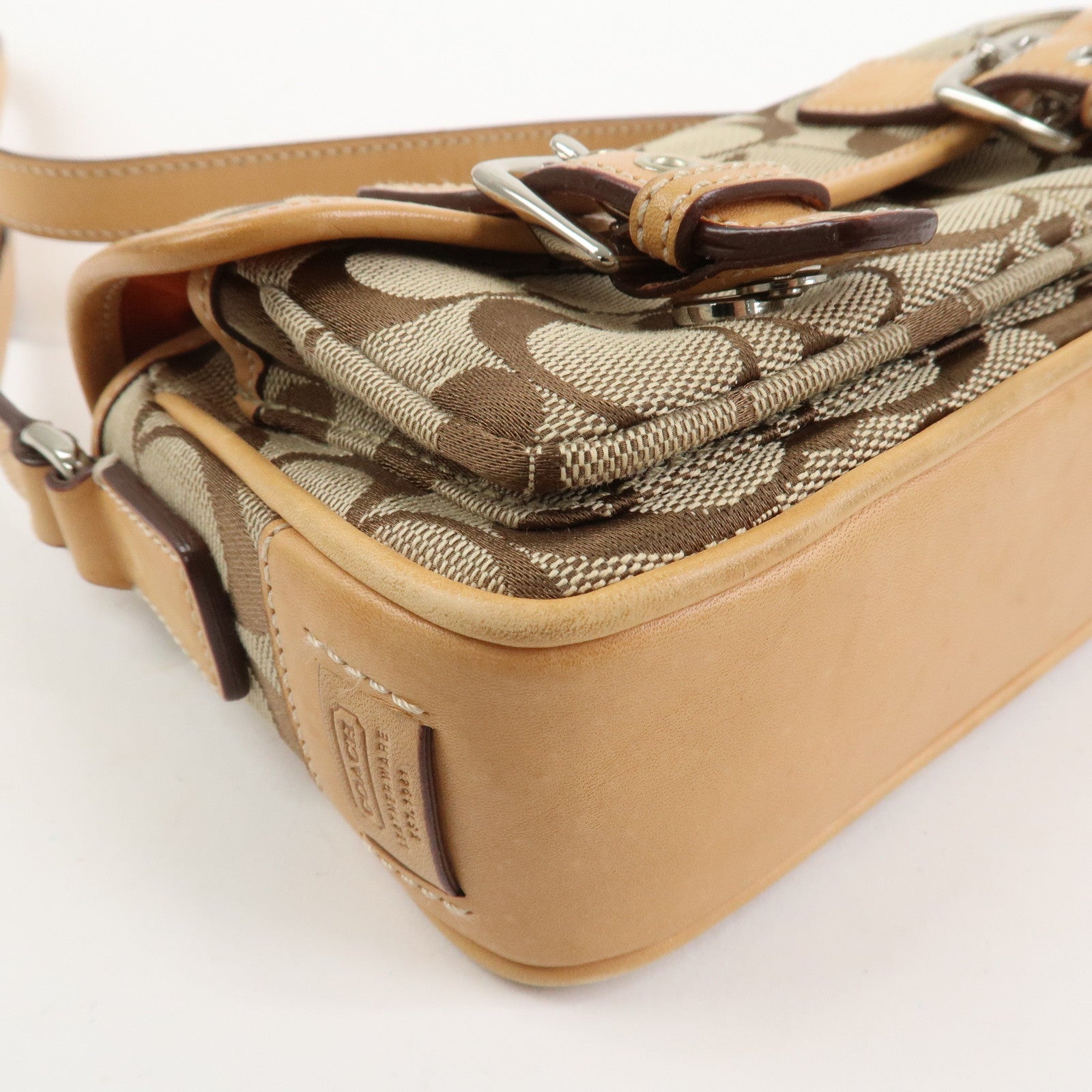 COACH Signature Canvas Leather Shoulder Bag Beige Light Brown