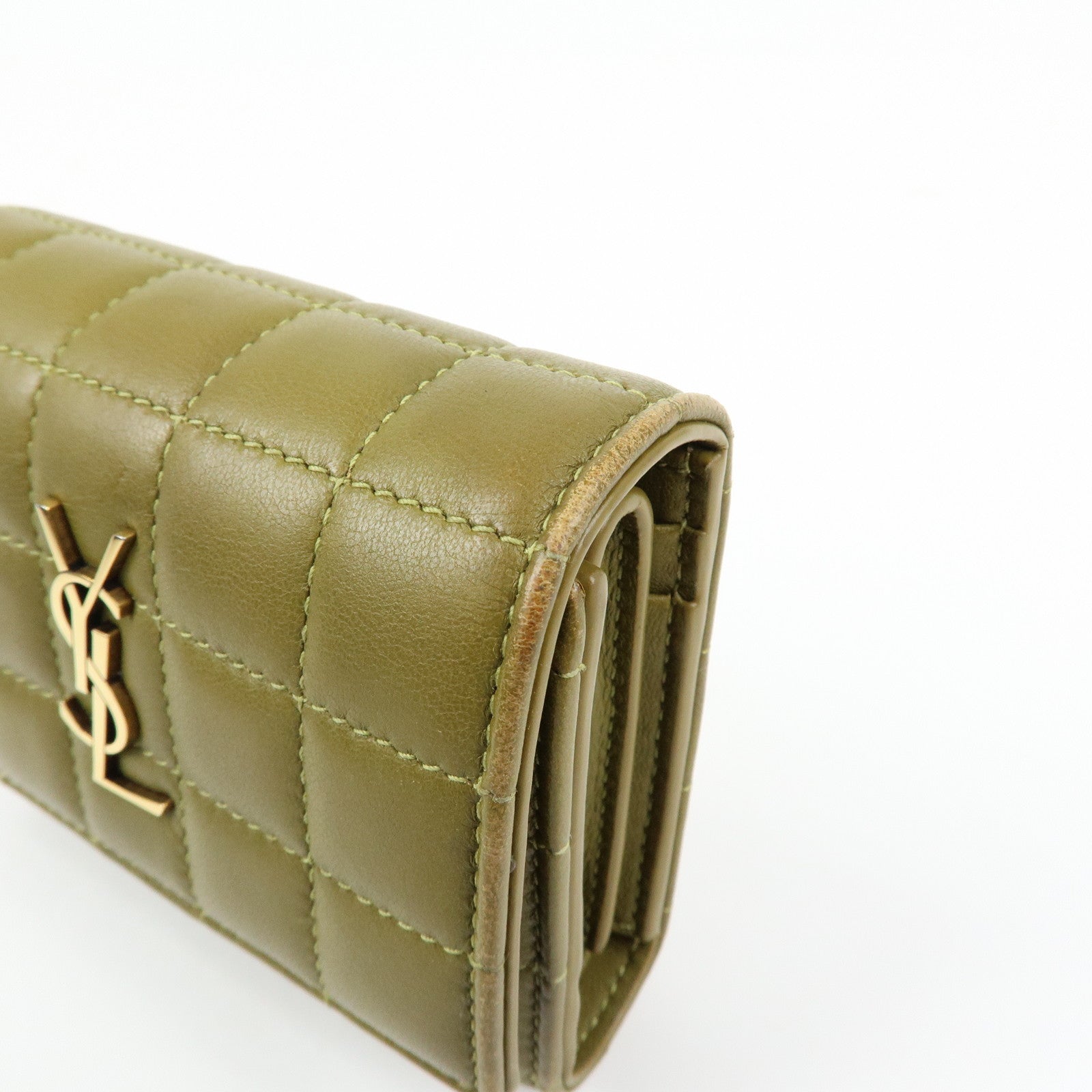 SAINT LAURENT PARIS Cassandra Leather Tri-Fold Wallet Khaki