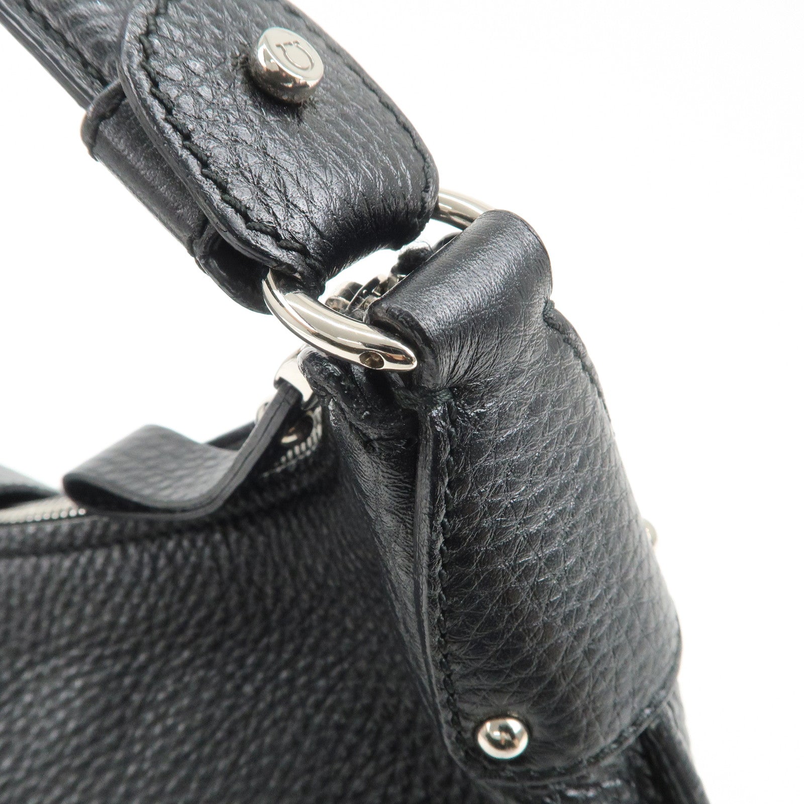 Ferragamo Gancini Leather Shoulder Bag Hand Bag Black Silver HDW