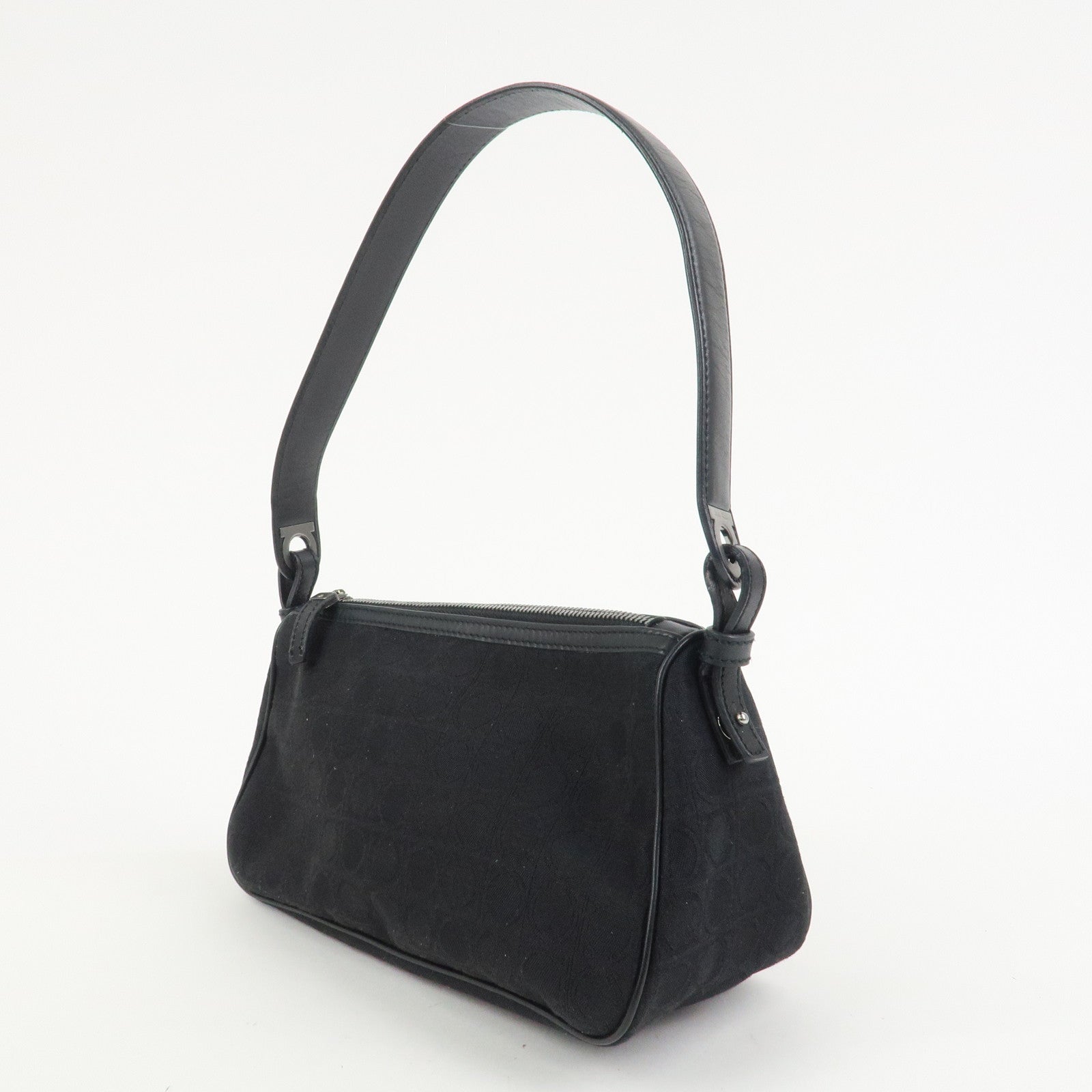 Ferragamo Gancini Canvas Leather Shoulder Bag Hand Bag Black