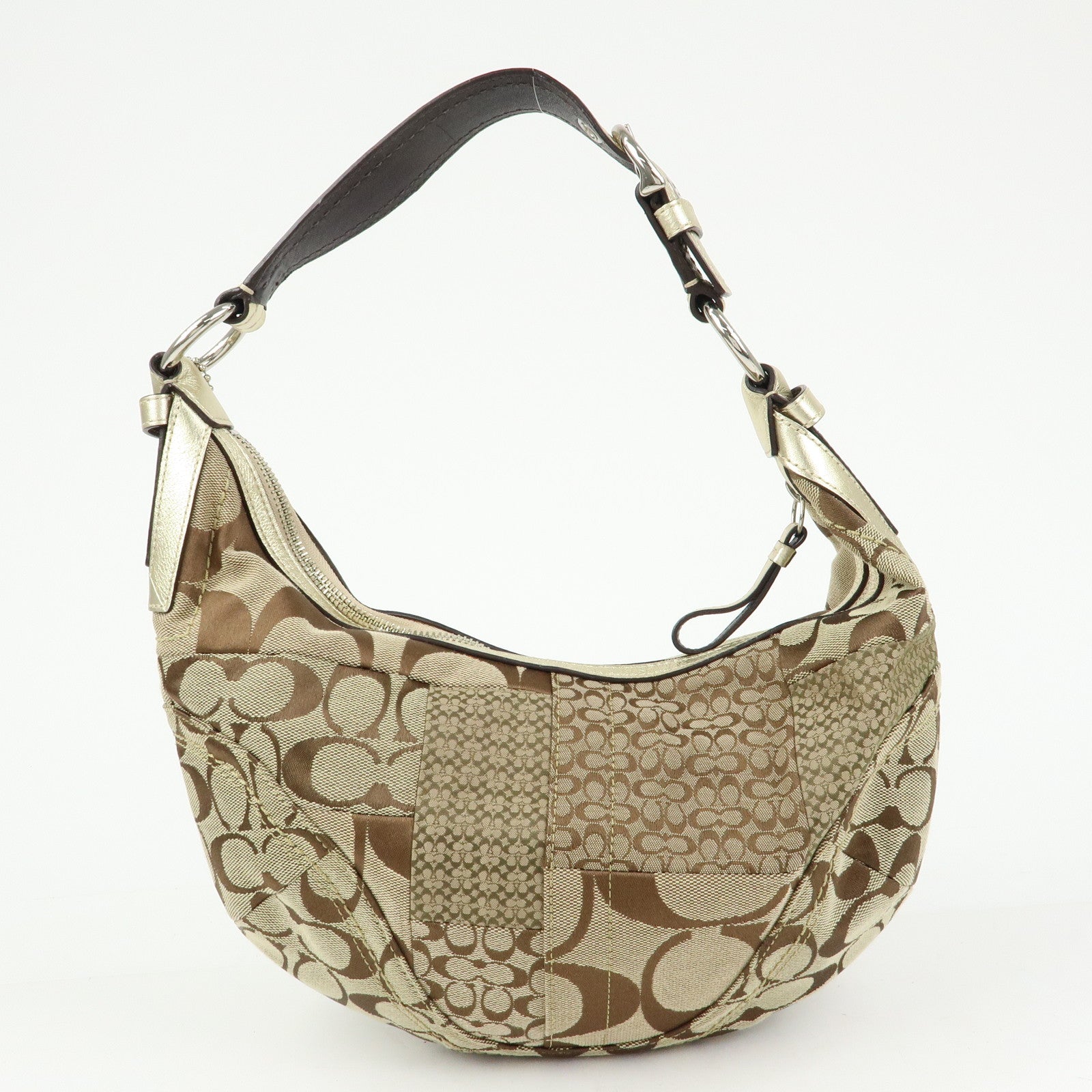 COACH Signature Patchwork Canvas Leather Shoulder Bag Beige Gold