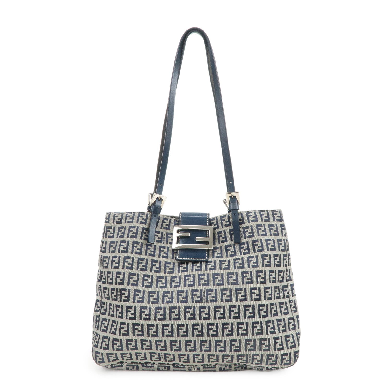FENDI Zucchino Canvas Leather Tote Bag Shoulder Bag Navy Gray